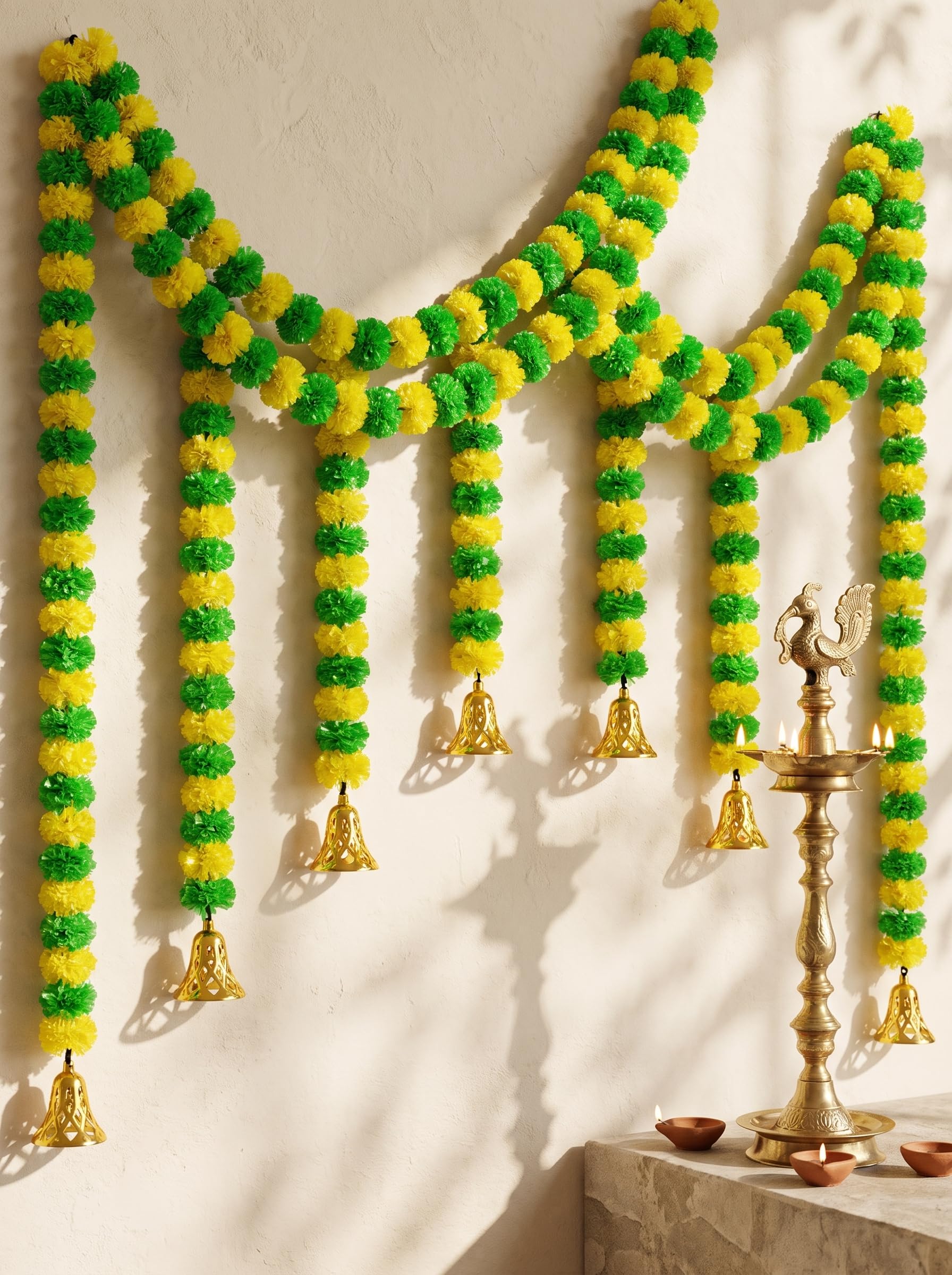 Artificial Marigold Fluffy Flower Garlands with Golden Bells, Yellow AUR Green Genda Phool Mala for Diwali, Mandir Pooja AUR Home Toran Decoration (Set of 5) (Yellow and Green)-image-7