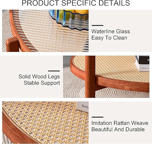 Miniatura 6 de Mesa de centro de ratán circular moderna para escritorio de cristal de doble capa, mesa auxiliar redonda pequeña para sala de estar, comedor y