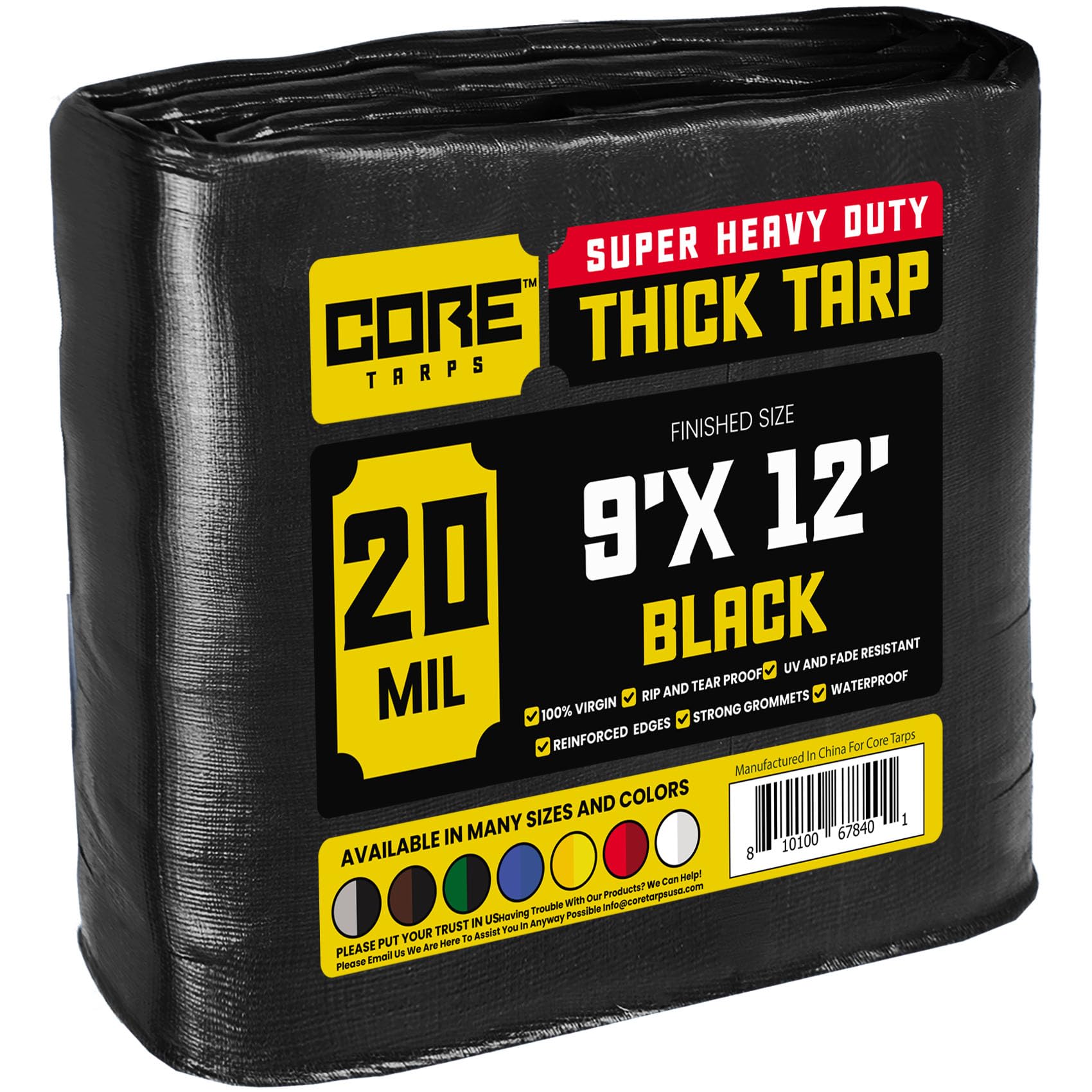 Core Tarps Extreme Heavy Duty 20 Mil Tarp Cover, Waterproof, UV Resistant, Rip and Tear Proof, Poly Tarpaulin with Reinforced Edges for Roof, Patio, Pool, Boat (Black 9′ X 12′)