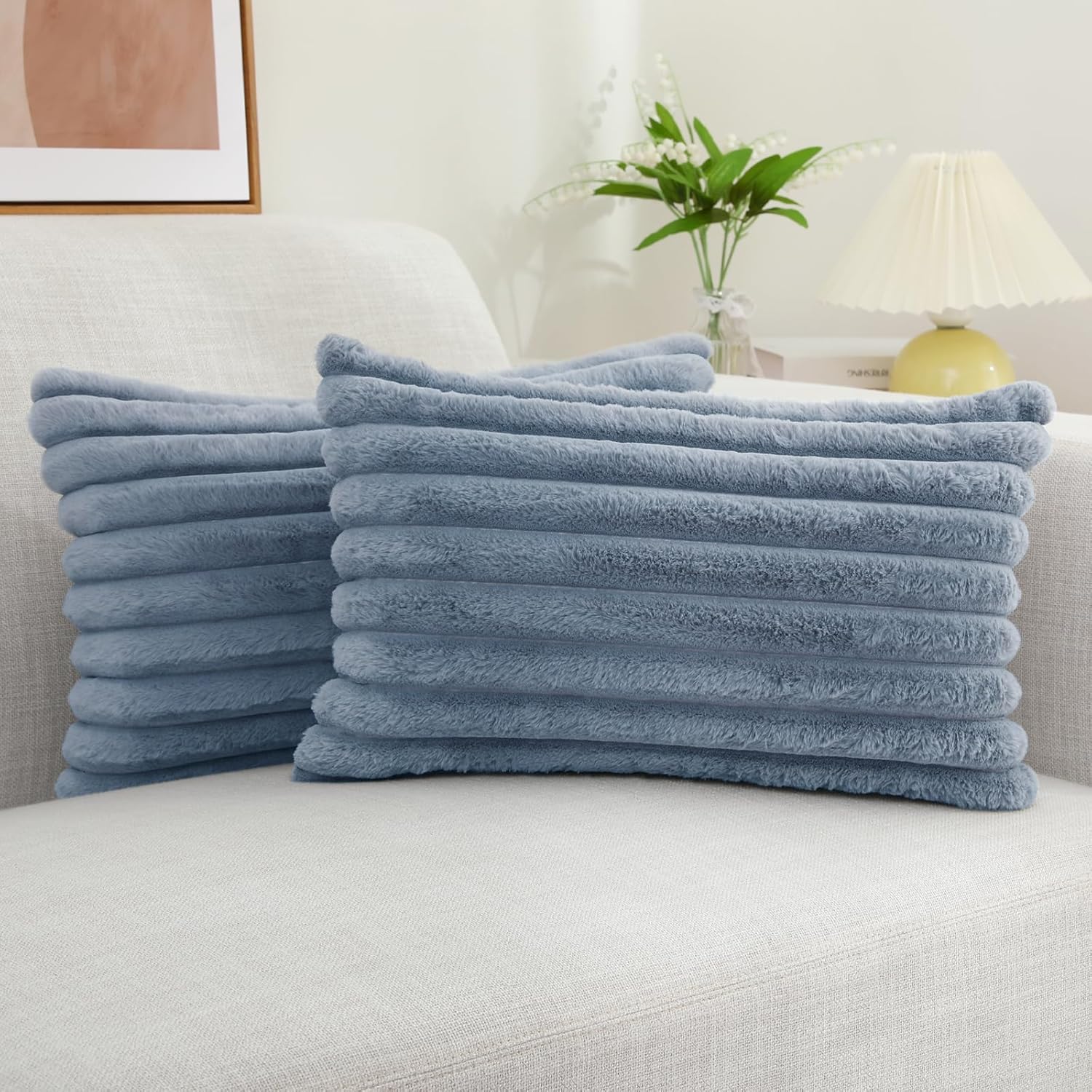 decorUhome Faux Fur Cushion Covers 30x50 cm Set of 2, Decorative Soft Plush Striped Neutral Pillow case 12X20 Inch with Velvet Back for Sofa, Bed, Living Room Home Decor, Grey Blue