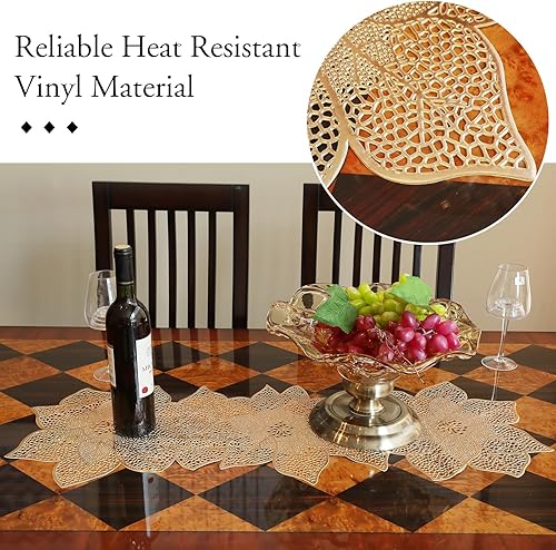Miniatura 7 de FAVE Camino de mesa dorado de 36 pulgadas resistente al calor, camino de mesa de vinilo en forma de flor, impermeable, lavable, camino de mesa de