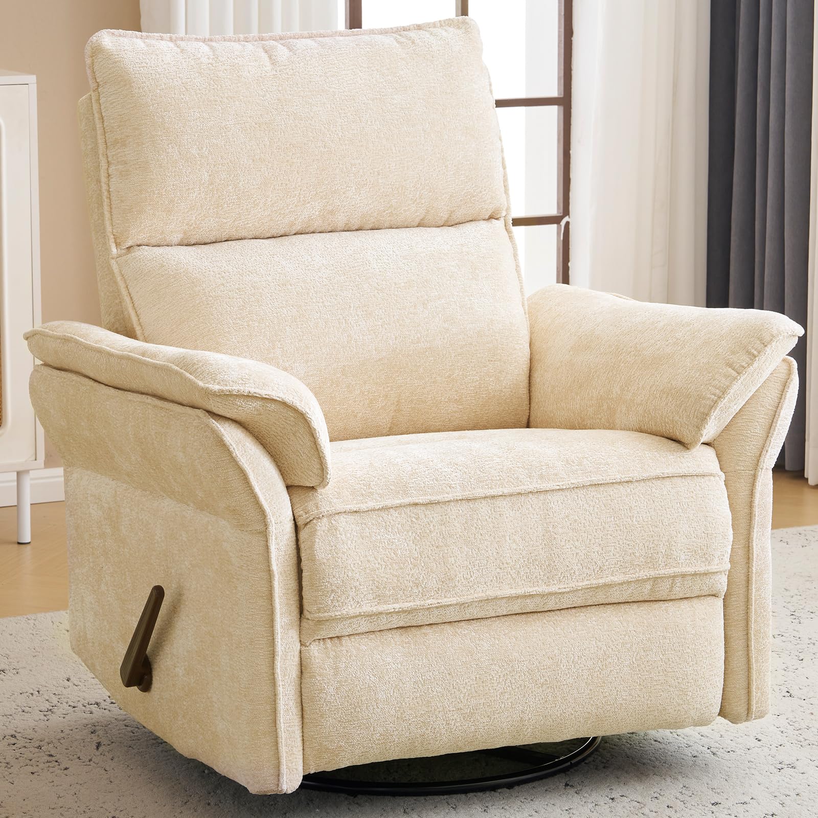 Oversized Recliner Chair, 26" Extra Wide 360° Swivel Rocker Recliner with Adjustable Headrest, Chenille Glider Rocking Nursery Chair with Overstuffed Armrest, Lumbar Support, Beige