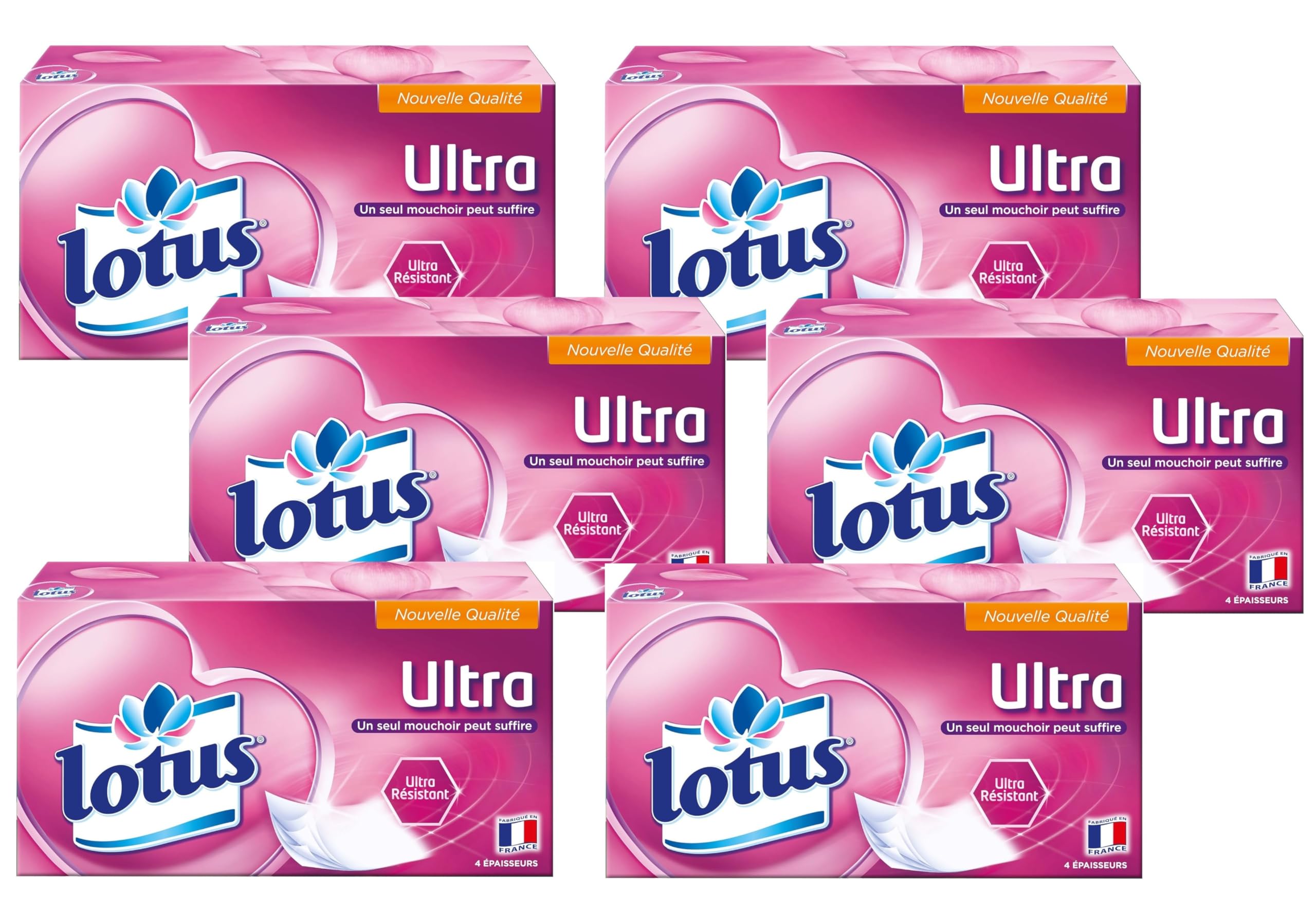 Lotus Ultra Résistant 432 Mouchoirs blanc en boîte (Lot de 6 Boîtes x 72 Mouchoirs) 4 épaisseurs pour plus de confort - Offre Spéciale