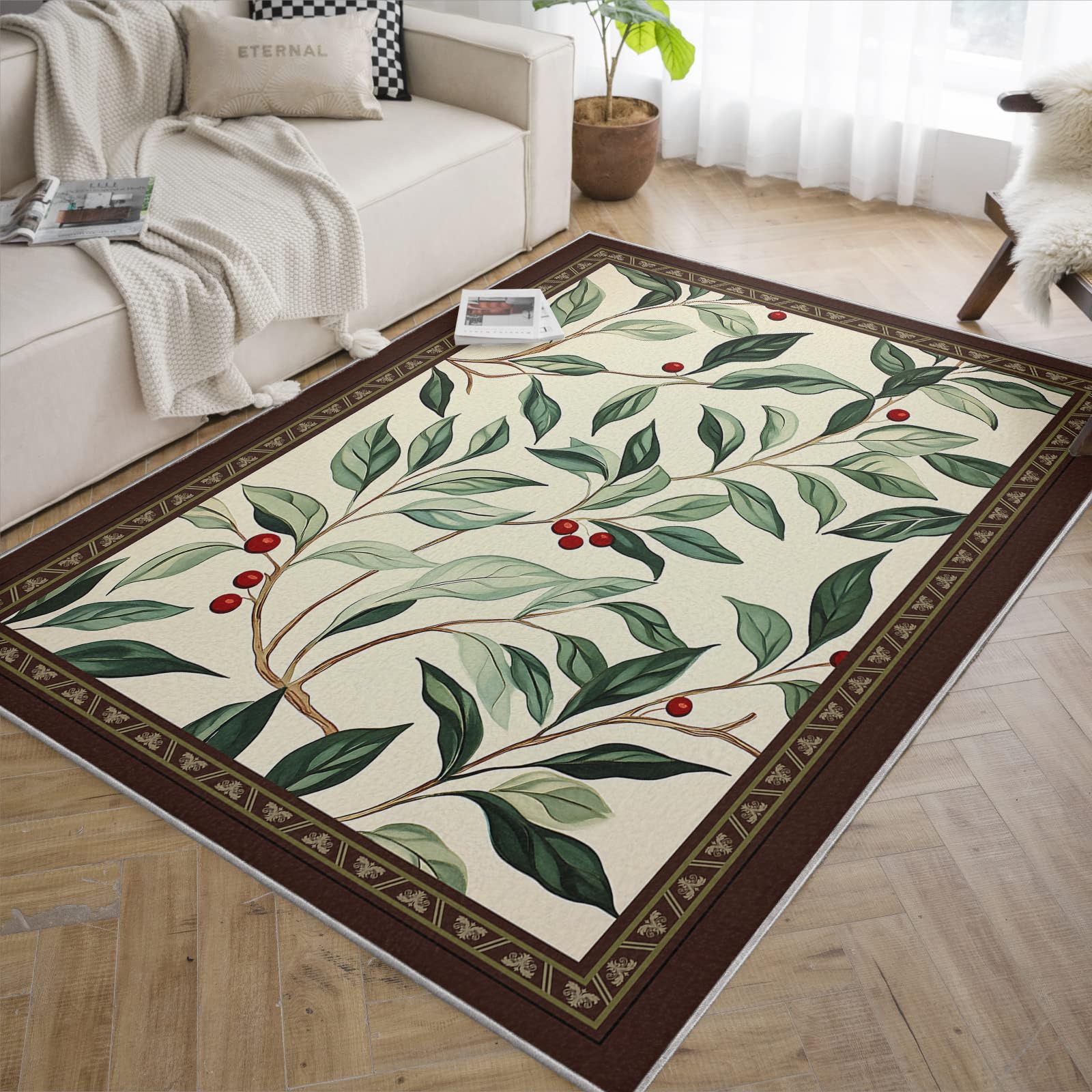 Beżowy dywan do sypialni salonu 160x200cm duży antypoślizgowy dywan z wzorem liści laurowy i czerwone jagody zmywalny niski włos liście laurowy czerwone jagody do nauki jadalni