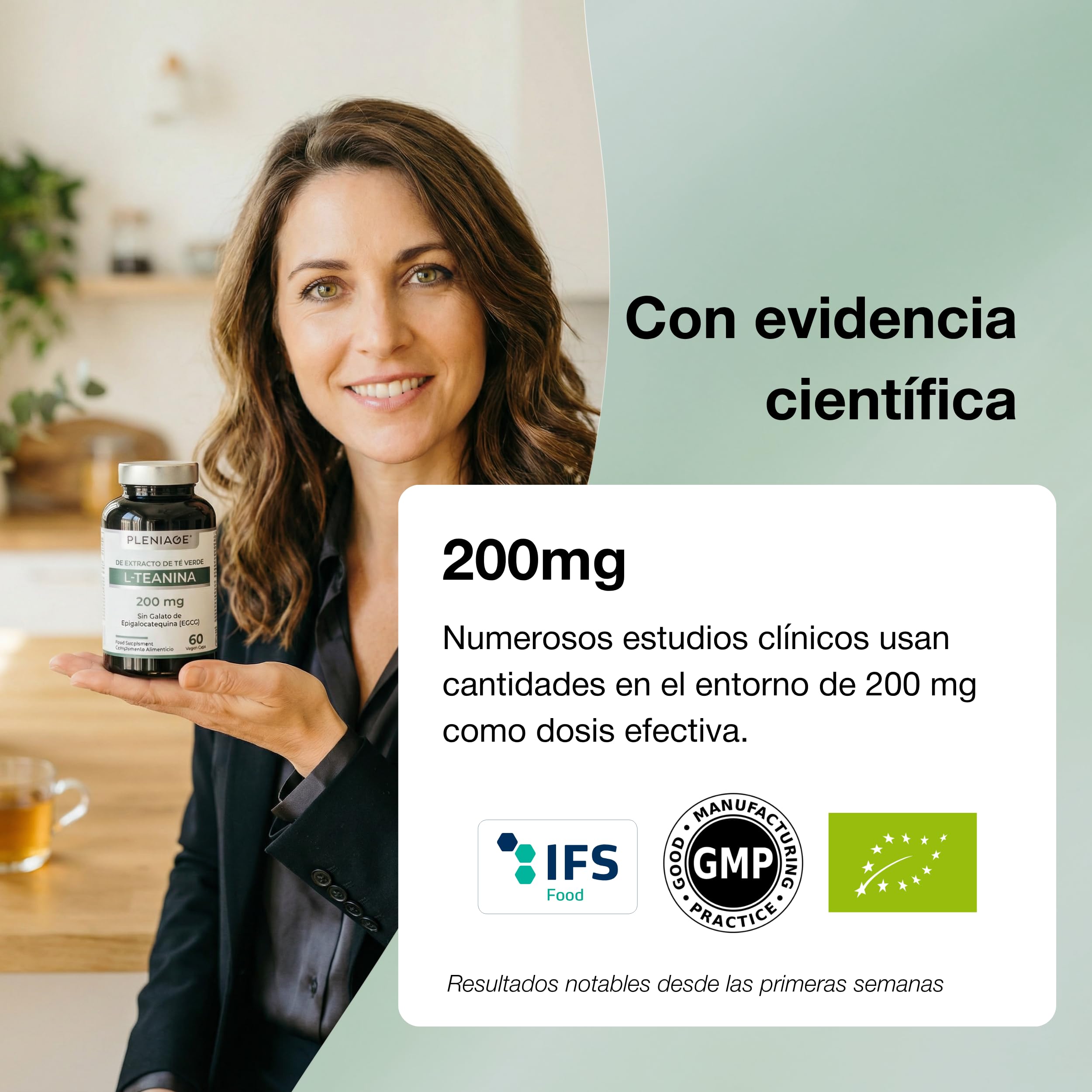 L-Teanina 200mg | Sin Cafeína ni EGCG | 60 Cápsulas | Extracto de té verde (Camellia sinensis). Foco sin somnolencia. Vegano, sin gluten. Clean Label. Fabricado en España.