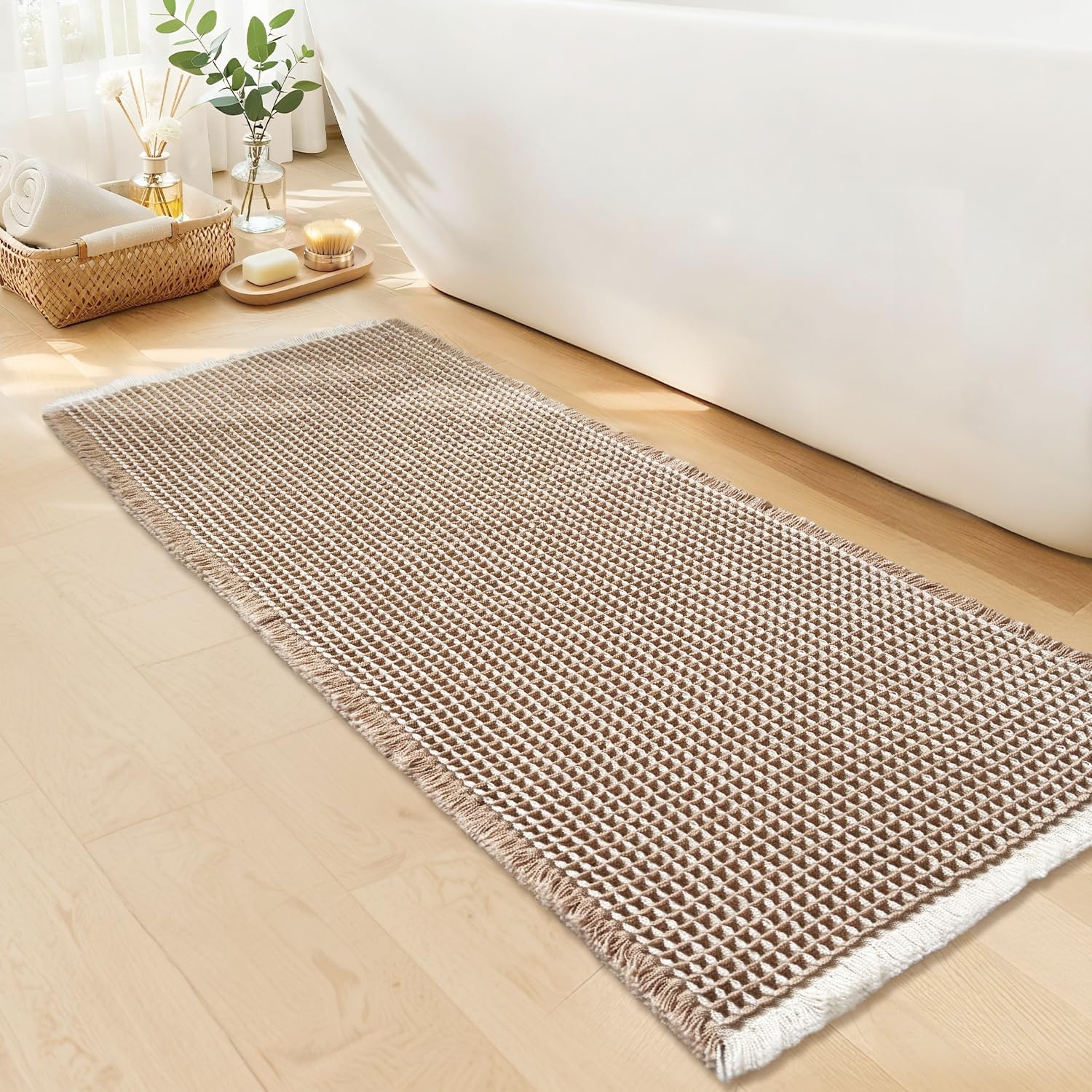 GRLYUH Waffle Runner Bath Mat - Long Boho Bathroom Rugs Non Slip Washable, Super Absorbent & Quick Dry, Soft Bath Mat Farmhouse Bathroom Decor, 24'' x