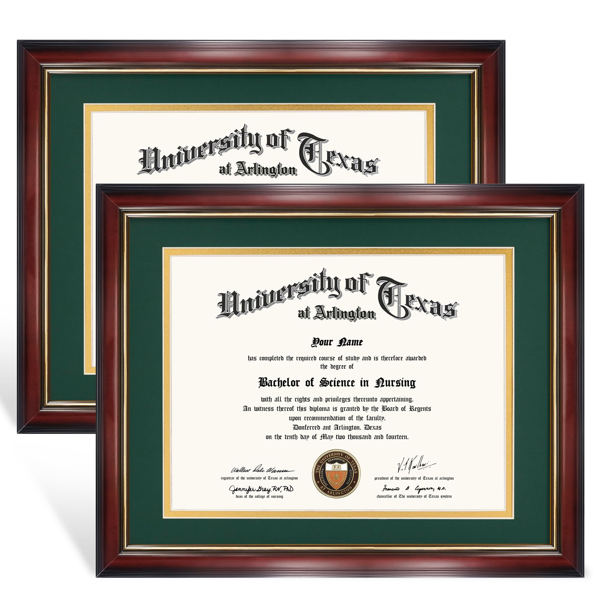 GraduationMall 8.5x11 Diploma Frame with Green over Gold Mat or Display 11x14 Certificate without Mat,Solid Wood & UV Protection Acrylic,Cherry Finish with Gold Trim,2 Pack