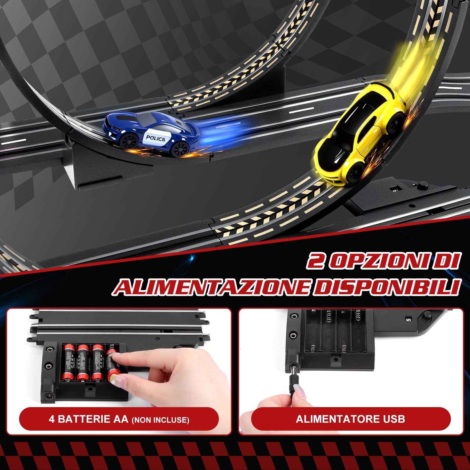YOOHBERRYS Pista Macchine Telecomandate, 1:64 Piste Elettriche Piste Auto Con 2 Macchine, USB, Comandi, Contatore, Passaggio A 360°, Giocattoli Regali Piste da Corsa Bambini 3 4 5 6 7 8 Anni (308CM)
