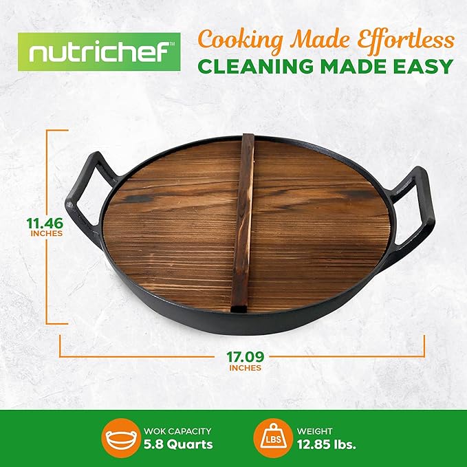 NutriChef Wok de Hierro Fundido con Tapa de Madera - 5.8 Qt miniatura 3