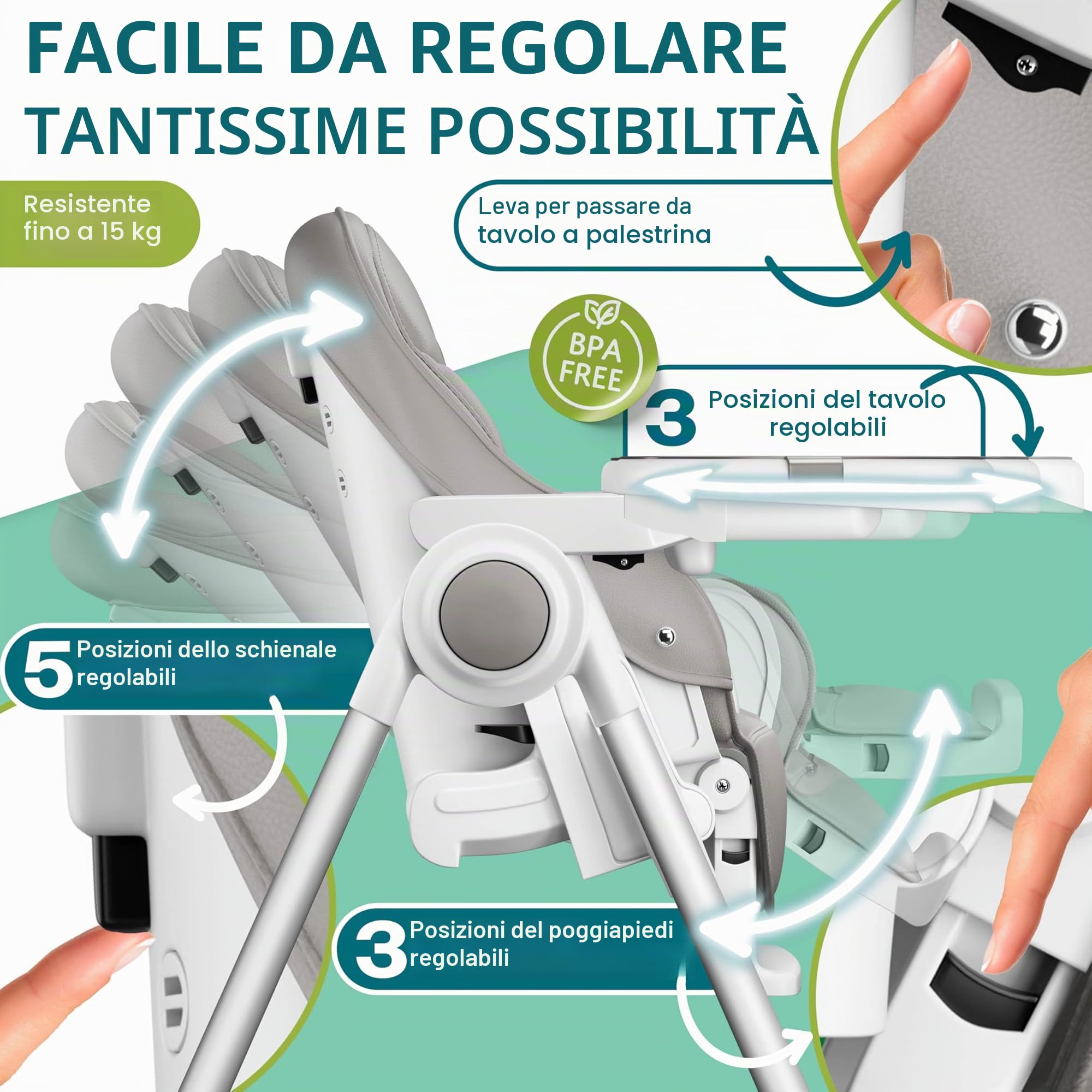 KIDIZ® 3 in 1 Seggiolone Seggiolone per bambini con barra dei giochi, Lettino per bambini, Seggiolone combinato Seggiolone per bambini, Schienale regolabile in 7 diverse altezze, grigio chiaro