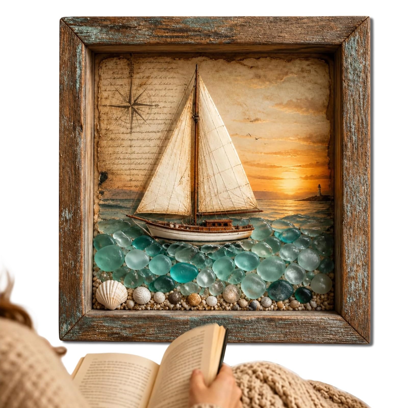 DIY Coastal Lighthouse Sea Glass Shadow Box Night Light, Soft Glowing Lighthouse Shadow Box, LED Framed Night Light, for Bedroom, Livingroom, Reading, Entryway, Feel More Relaxing(C)