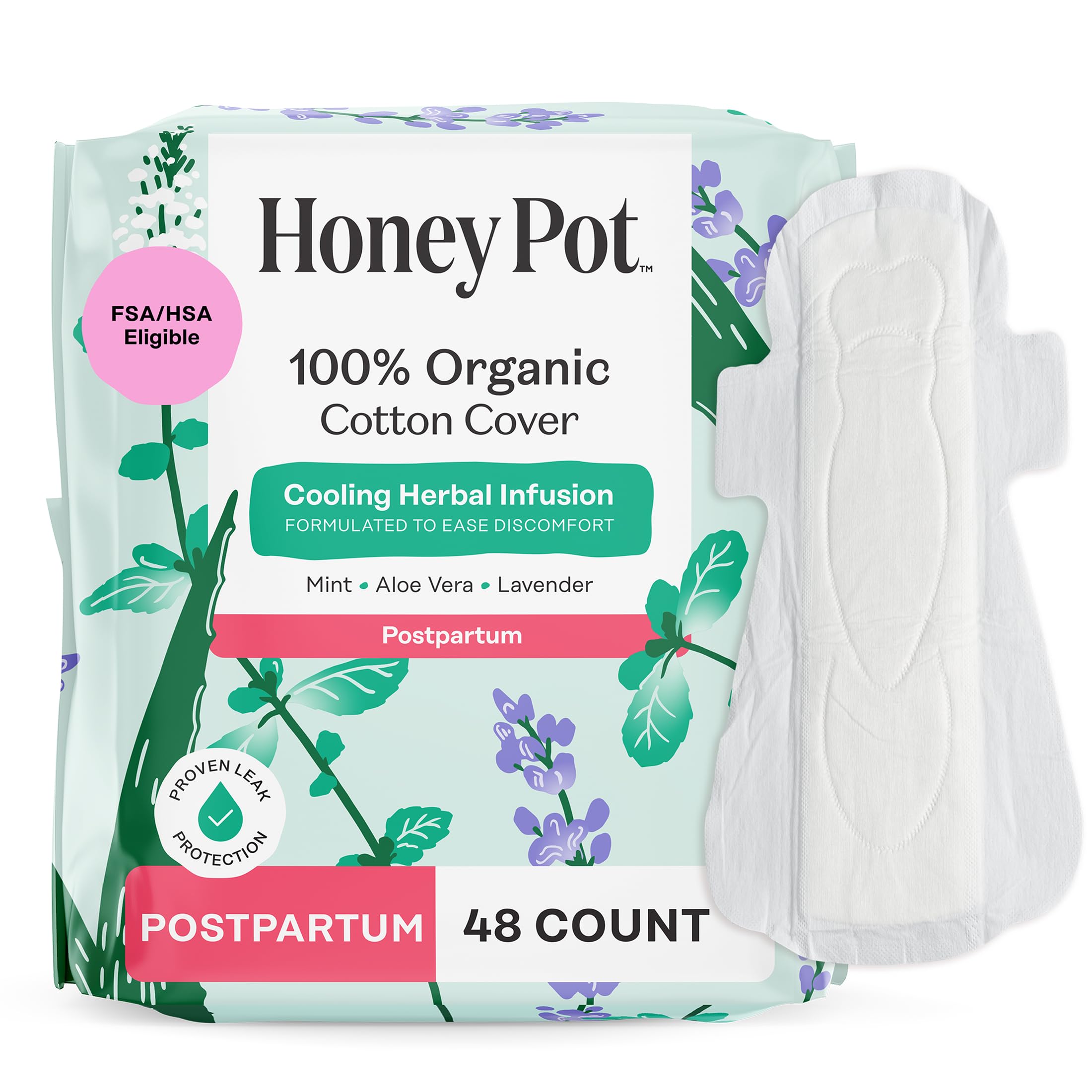 The Honey Pot Company - 48ct - Herbal Postpartum Pads w/Wings - Infused w/Essential Oils for Cooling Effect, Organic Cotton Cover, & Ultra-Absorbent - Feminine Care