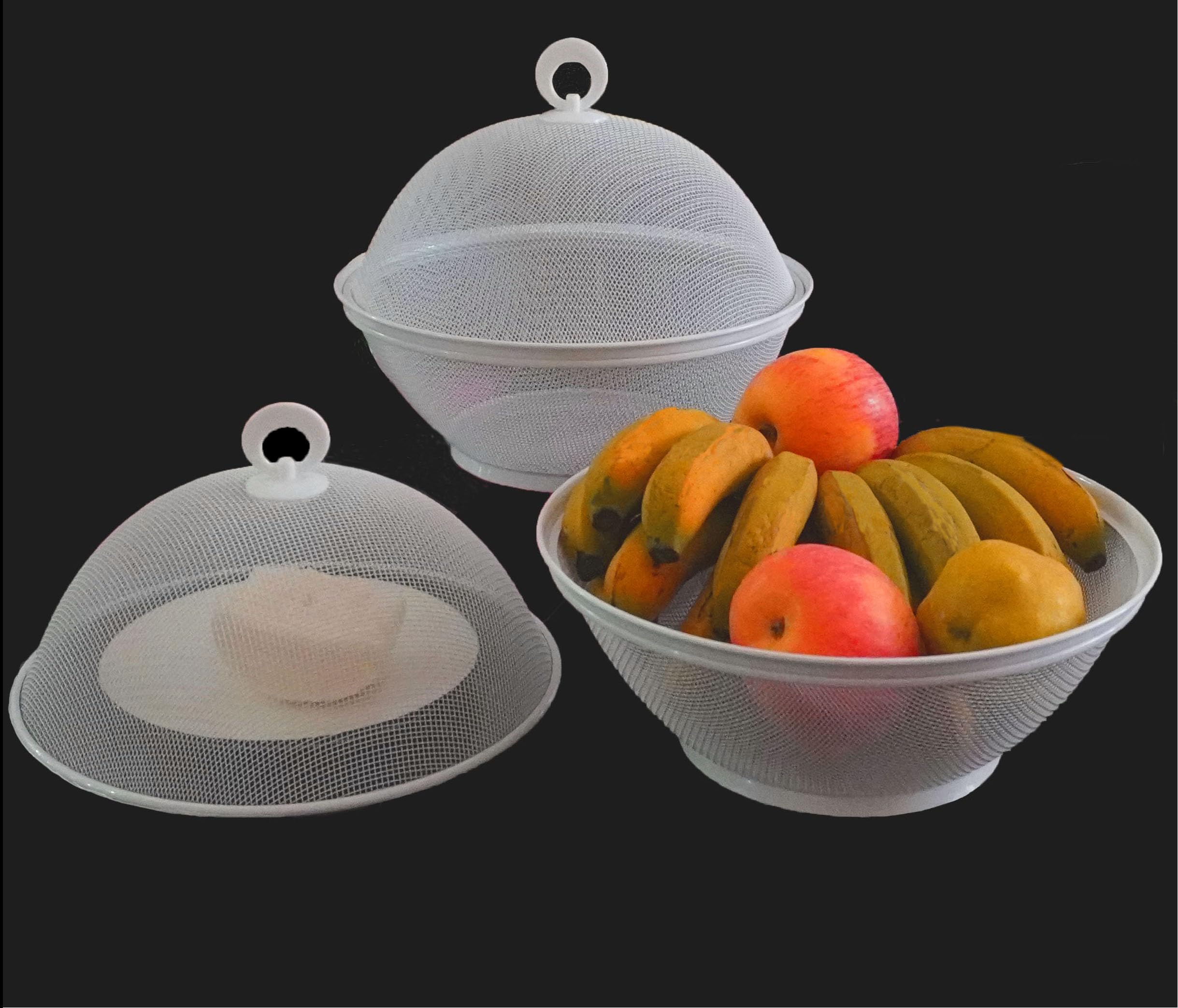 QWXOSR Table Fruit Basket, Basket with Lid, Kitchen Food Cover, Anti-Mosquito and Anti-Flies, Round, Heavy Duty Food Storage Basket, Fruits and Vegetables, Bread (White 2 Sets)