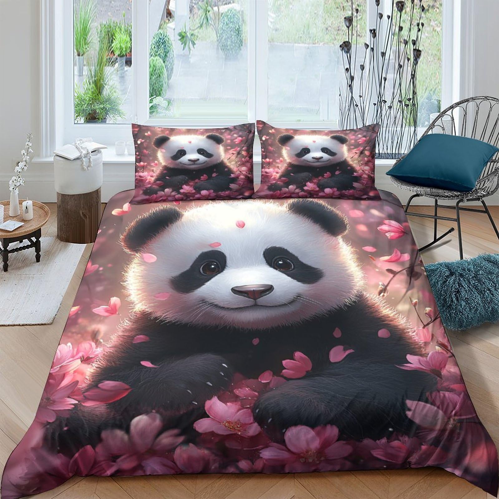 GPLZQXKJNH 3D Printed Cute Panda Duvet Cover Microfiber Soft Bedding Set Sakura Bloom with 2 Pillowcases for Bedroom Decor Single（135x200cm）