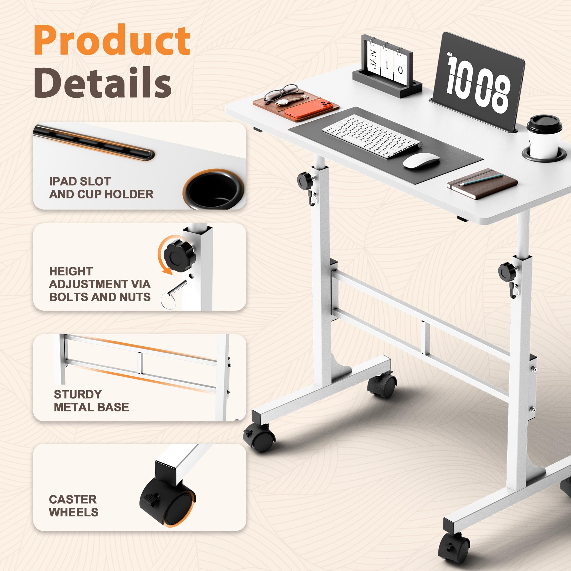 Shahoo Standing Desk Adjustable Height Mobile Stand Up Desk with Wheels 32 Inch Portable Rolling Desks Computer Office — view 3