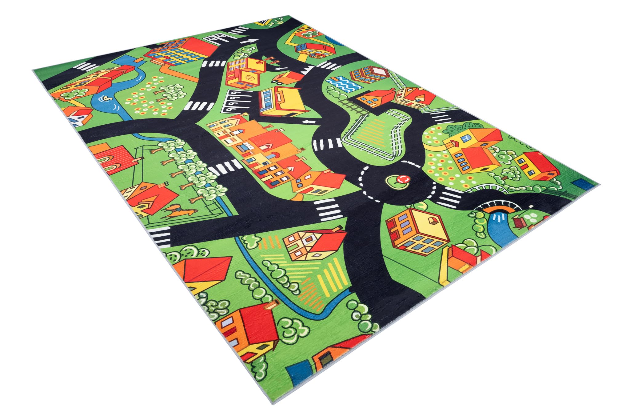TAPISO Flannel Tapis Chambre Enfant Bébé Fille Garçon Antidérapant Lavable Vert Noir Rouge Tapis de Jeux Voiture Circuit Route Ville Poils Ras Oeko-TEX Résistant 120 x 170 cm