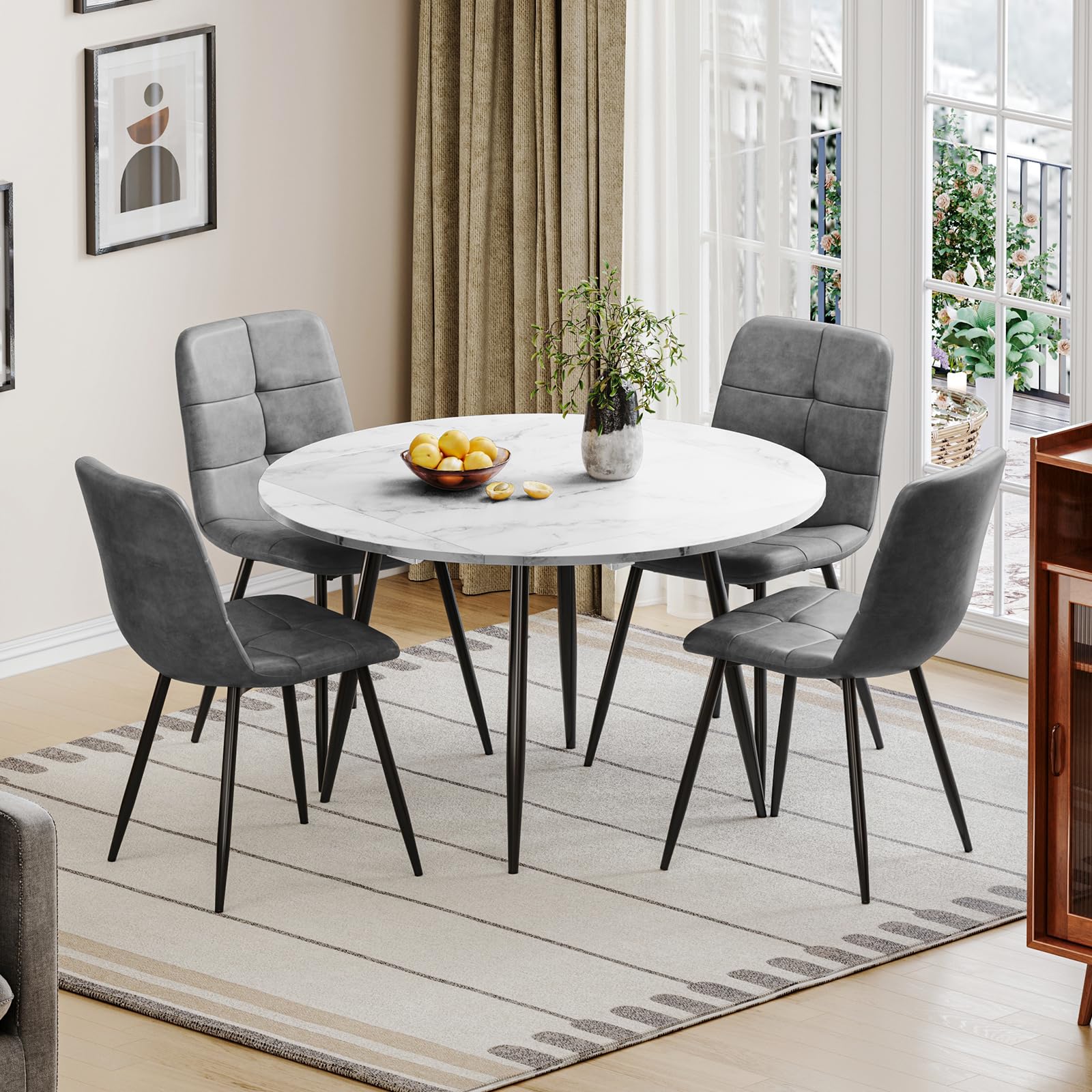 Luxstein Dining Table and Chairs Set 4, Extendable Round Marble Folding Table with 4 Grey Upholstered Leather Chairs for Dining Room, Kitchen
