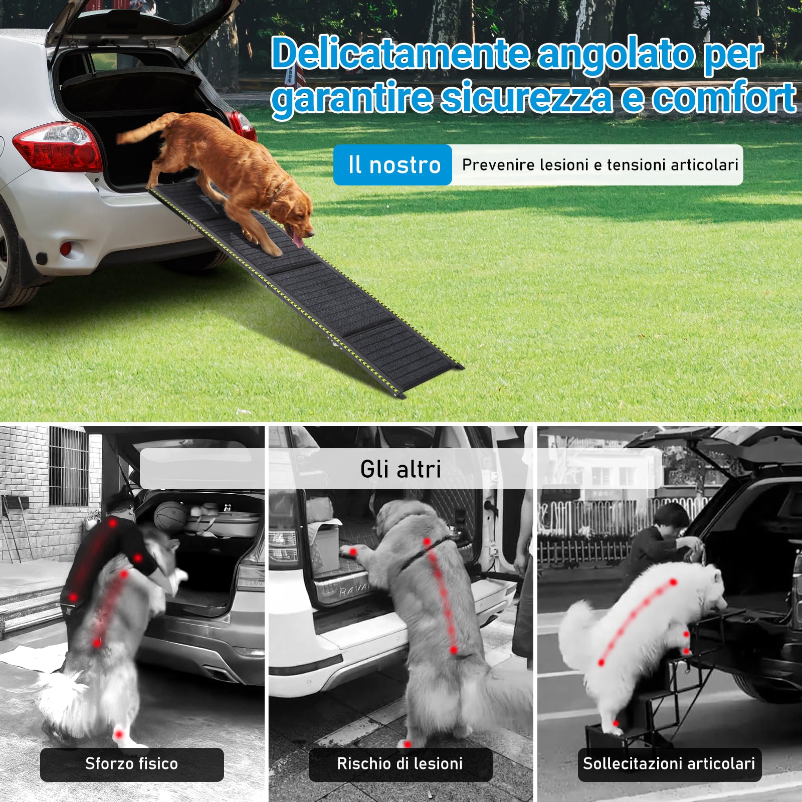 180 x 50cm Rampa per Cani Auto Pieghevole con Strisce Riflettenti, Supporto 70 kg, Leggero e Antiscivolo, Adatto per Camion, Auto, SUV