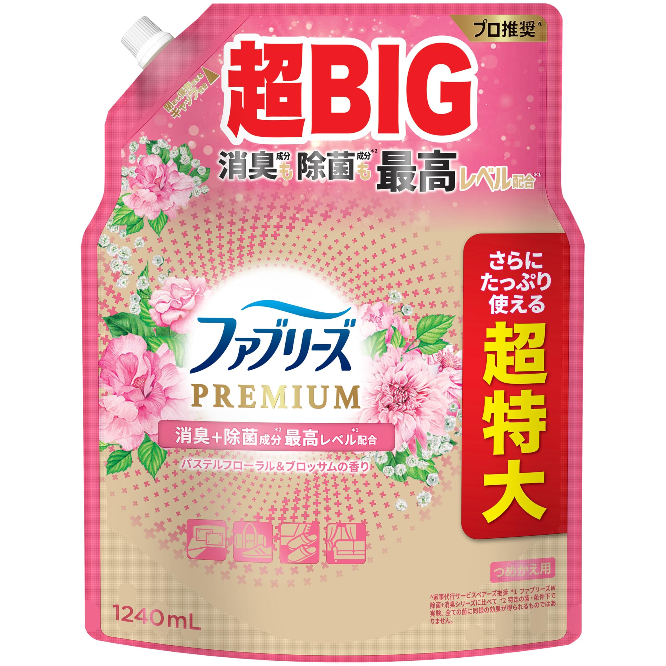 ファブリーズ プレミアム 消臭スプレー(衣類・布用) 【 消臭＋除菌成分最高レベル配合 】 パステルフローラル＆ブロッサムの香り 詰め替え 4倍/1240mL