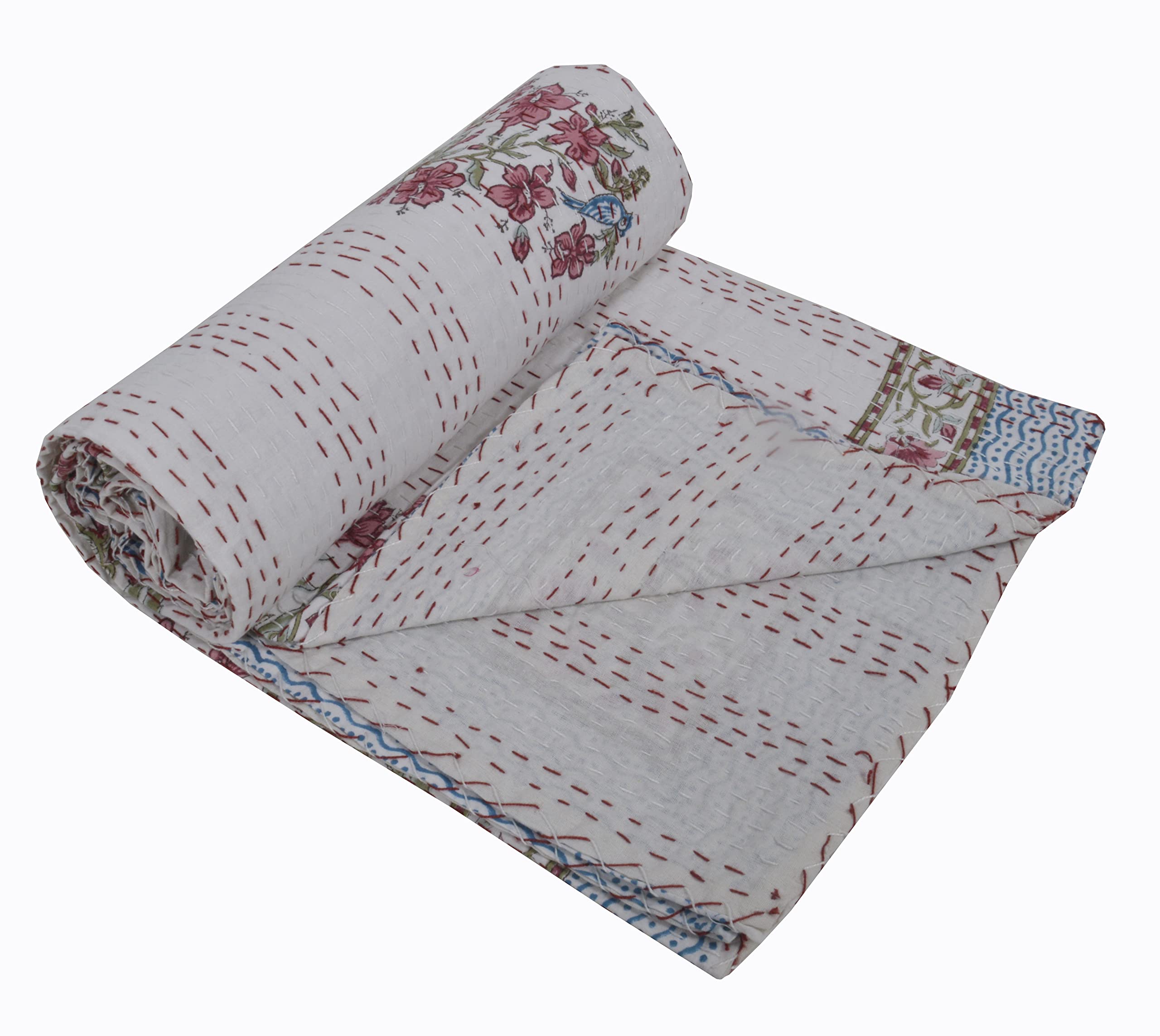 Couvre-Lit En Coton Kantha Indien à Imprimé Bloc - Vintage Bohème Rouge Grand Lit 228,6 X 274,3 Cm