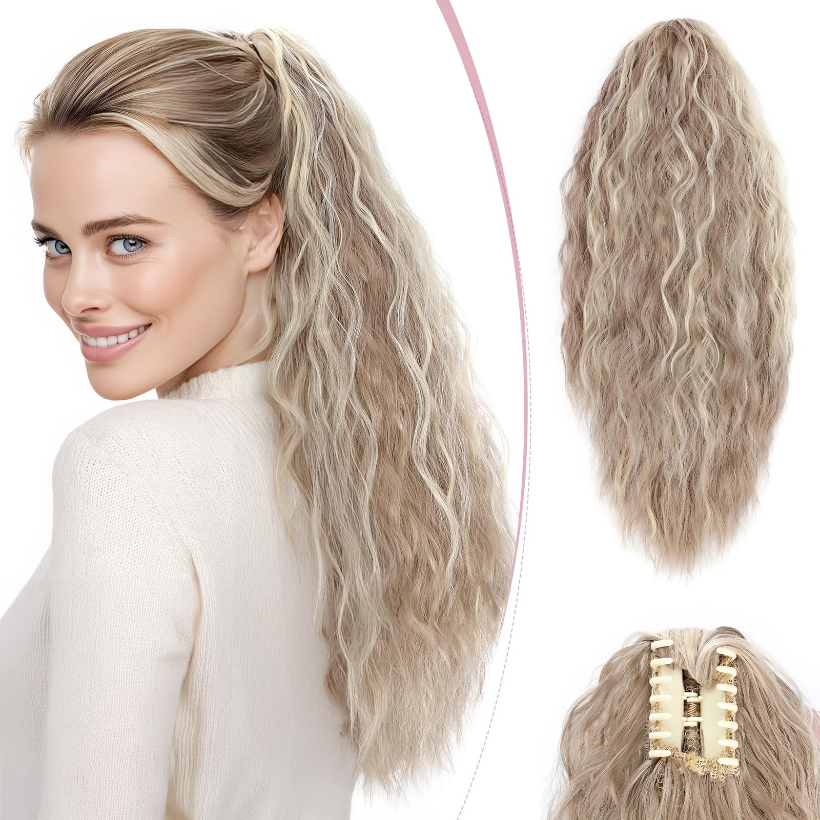 SEGO Pro Claw Clip Ponytail Hair Extensions Synthetic Pony Tail Hair Pieces for Women 24 Inch Wavy 165g (Sandy Blonde & Bleach Blonde)