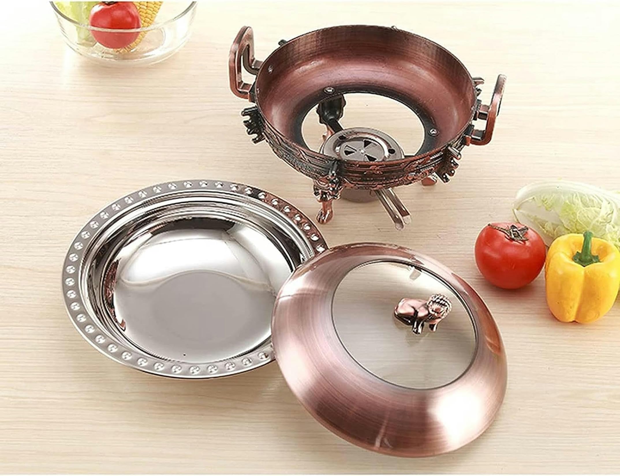 Set da Buffet Chafing Dish,Portavivande E Scaldavivande Rotondi con Teglie per Alimenti,Supporto in Alluminio,Coperchio della Pentola Visibile E Porta-Combustibile,AC,Brass