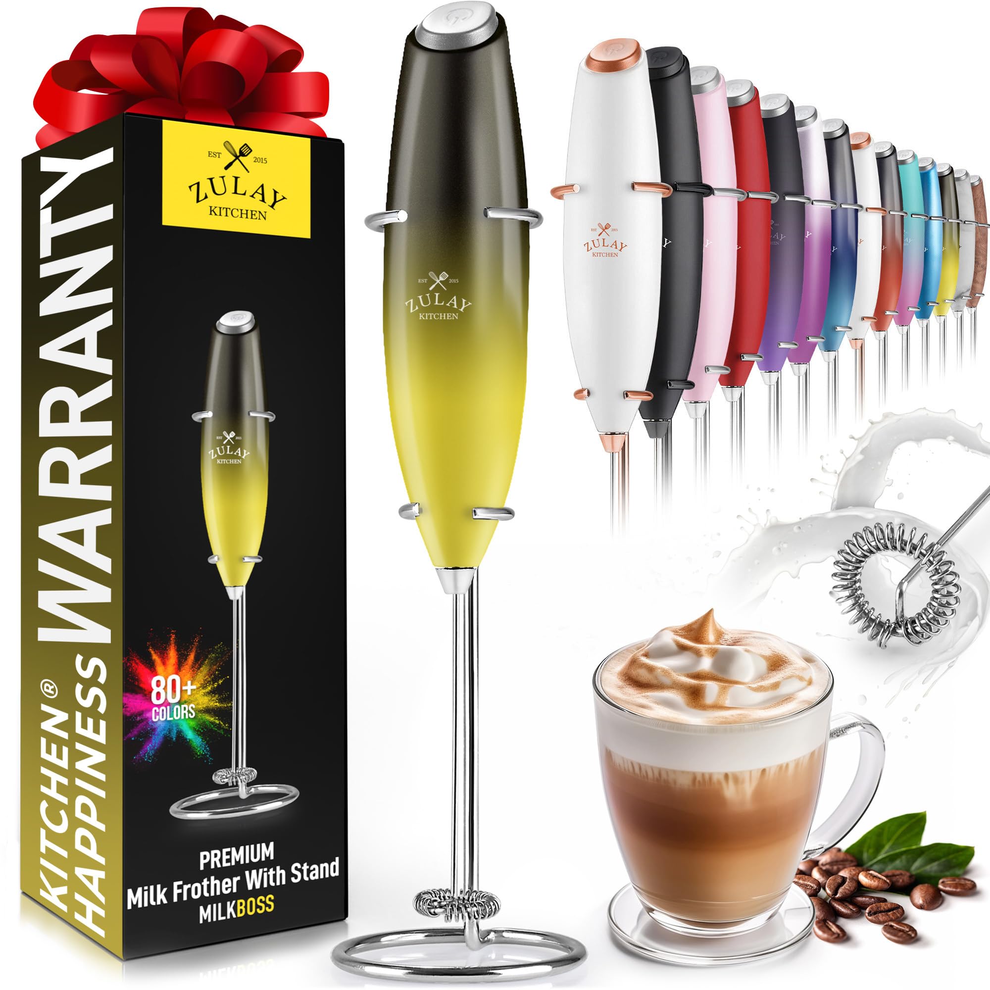 Zulay Powerful Milk Frother for Coffee with Upgraded Titanium Motor - Handheld Electric Whisk, Milk Foamer, Mini Mixer &amp; Coffee Blender for Frappe, Latte, Matcha, No Stand - Honey Bee