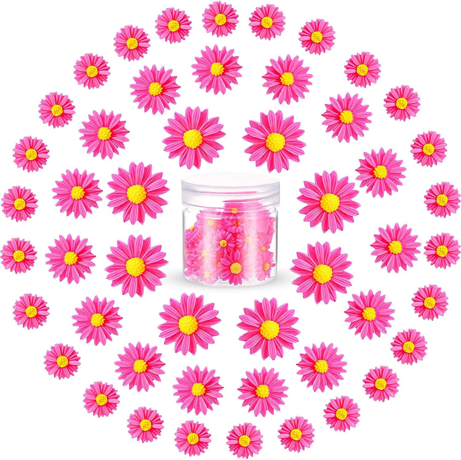 Resin Daisy Flowers, Artificial Daisy Flower Epoxy Charms Mini Decorated, KASTWAV 50 Pcs Artificial Daisies with Storage Box for DIY Craft Cloth Pen Box Home Wedding Decoration, 3 Sizes (PINK)