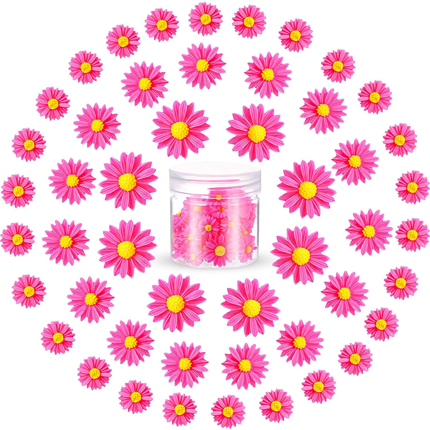 Resin Daisy Flowers, Artificial Daisy Flower Epoxy Charms Mini Decorated, KASTWAV 50 Pcs Artificial Daisies with Storage Box for DIY Craft Cloth Pen Box Home Wedding Decoration, 3 Sizes (PINK)
