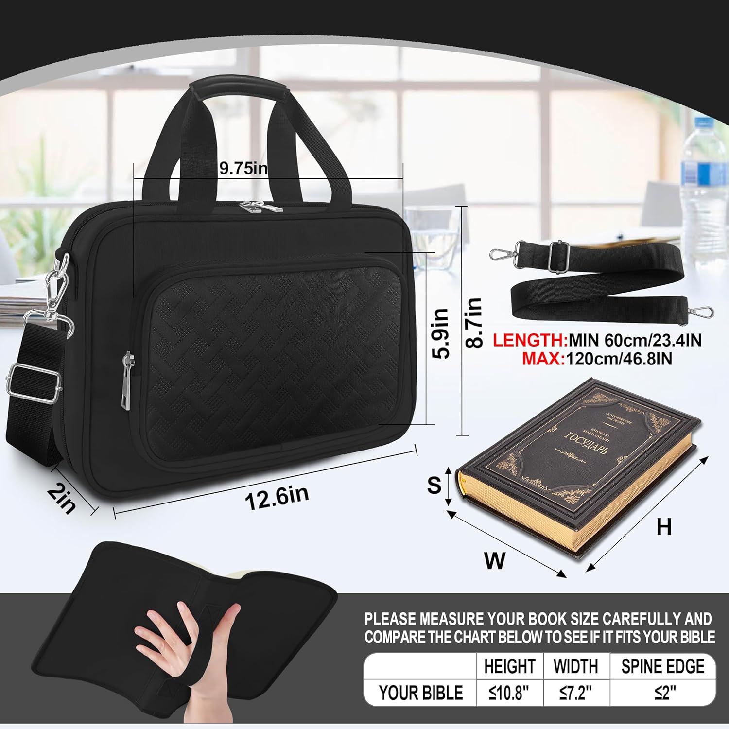 Black Bible Cover for Women,Large Bookmark Church Bag, Study Supplies Journaling Kit Book Carrying Case with Bible Highlighters Shoulder Strap, Christian Gifts