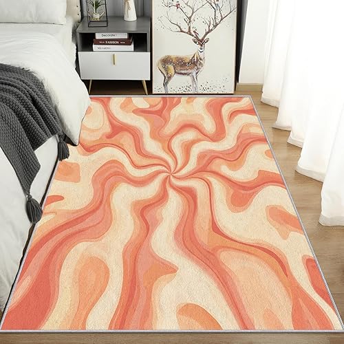 Miniatura 3 de Alfombra retro de los años 70S, lavable, color naranja, melocotón, beige, ondulado, de 7 x 8 pulgadas, alfombra abstracta moderna, para dormitorio,