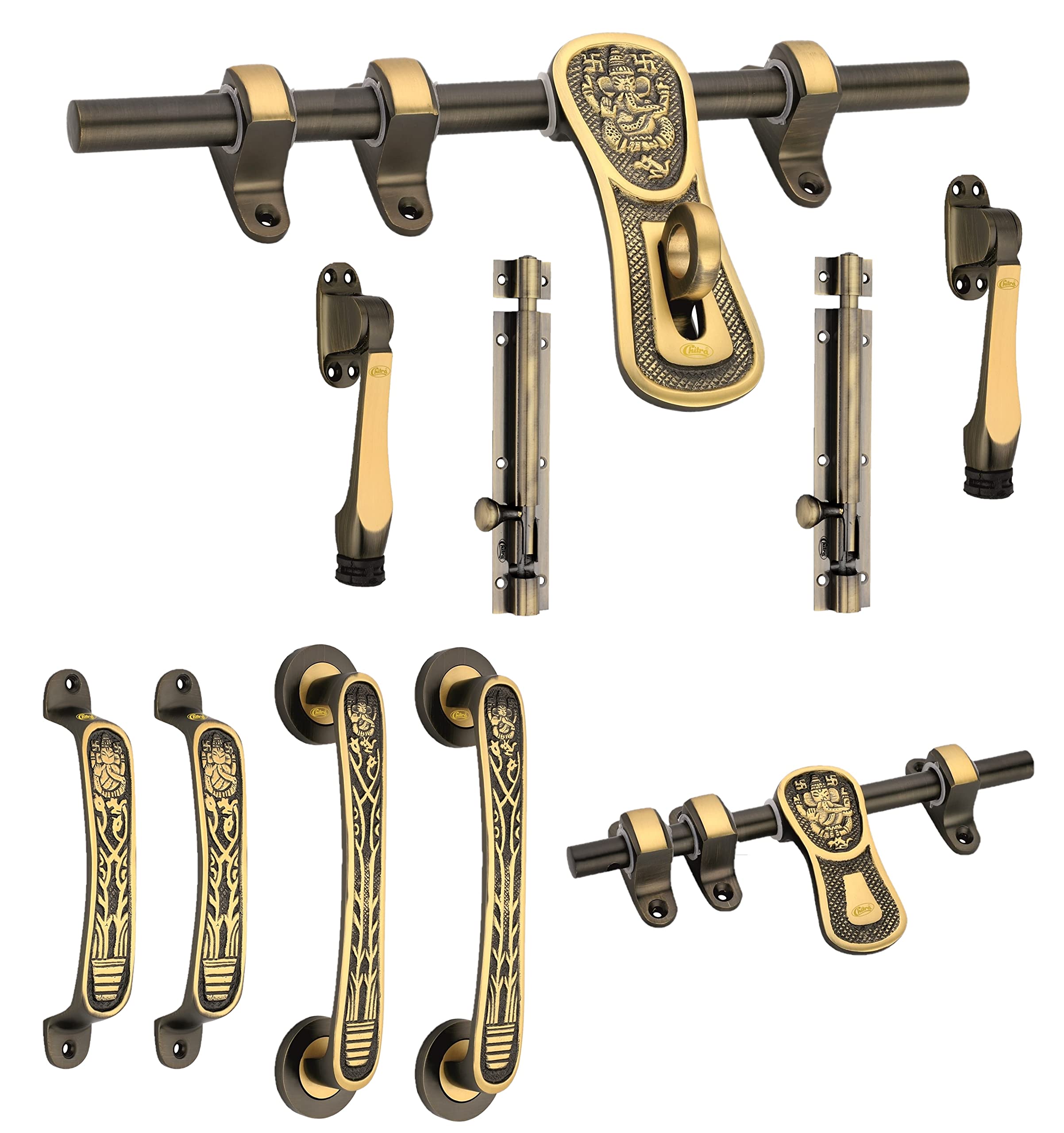 Chitra Ganesh Ji Series Brass Heavy Double Door Fitting Accessories Full Set/Kit (1 Aldrop, 1 Latch, 4 Handles, 2 Tower Bolt and 2 Door Stopper) (12 Inch, Matt Antique Brush) (B09C8VWP74) Amazon Price History, Amazon Price Tracker