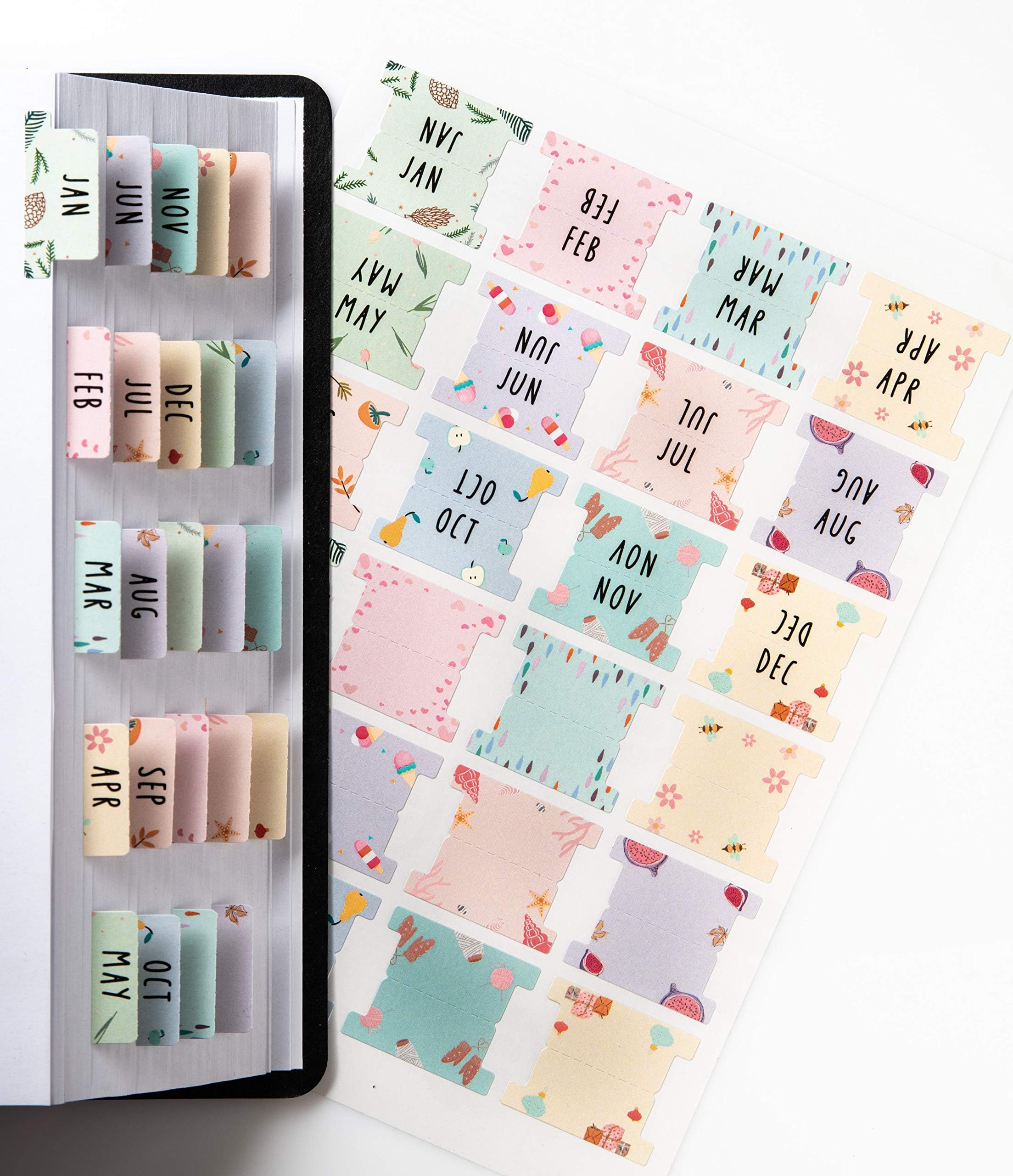 Laminated Planner Monthly Tabs, 24 Peel and Stick Tabs for Notebooks (12 Month Tabs and 12 Blank Tabs), Calendar Monthly Tab Stickers for Planners, Monthly Dividers - Assorted Theme