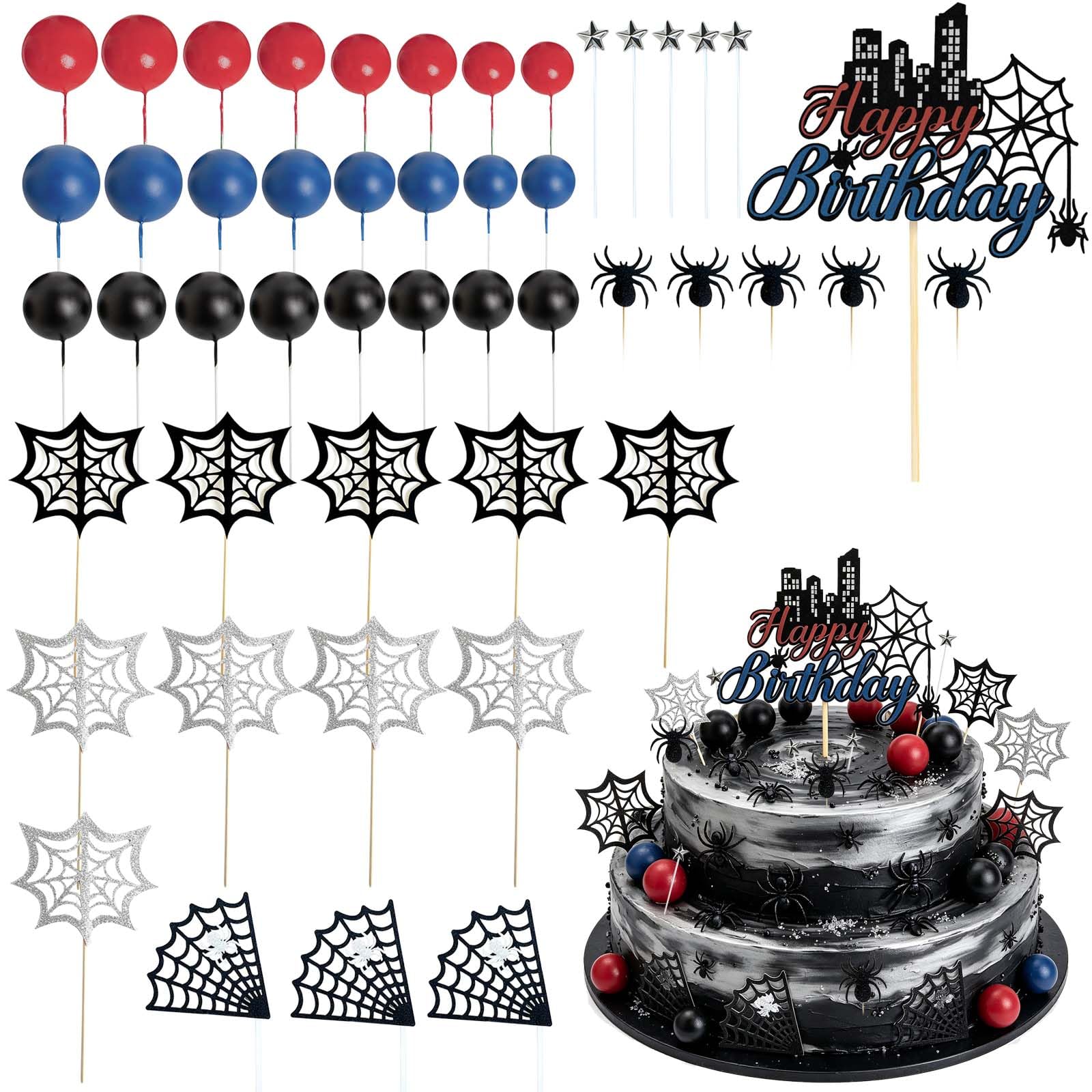 TENGWA 48PCS Superhero Birthday Cake Decoration Spider Happy Birthday