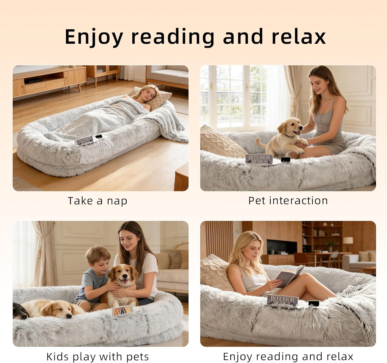 Human Dog Bed - 71''x45''x12'' Size Fits Adult and Pet Washable Giant People DogBed 10 CM Thick Memory Foam Large Oversize Dog Bed with Plump Pillow, Blanket, Strap - Grey