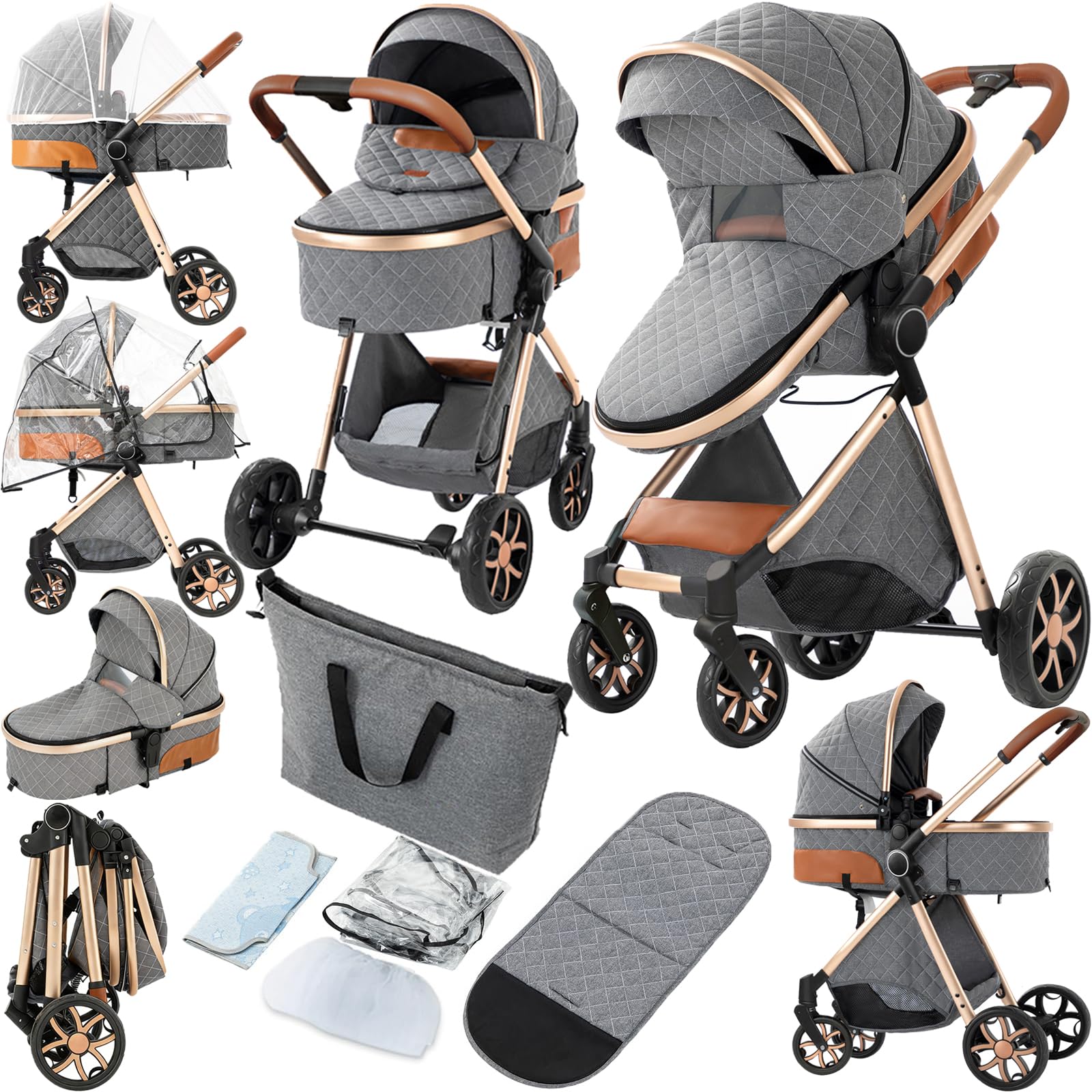 Reenborn Kinderwagen 3 in 1, Buggy mit Zwei Umkehrbaren Schiebemodi, Kinderwagen mit Rahmen Aluminiumlegierung, Kinderwagen 3 in 1 Komplettset mit Ein-Klick-Faltdesign (2 in 1 V9 Dust Grey)