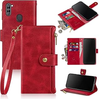 Antsturdy for Samsung Galaxy A11 Wallet Case, Luxury PU Leather Folio Flip Protective Cover with Wrist Strap [RFID Blocking] [Zipper Poket] Credit Card Holder [Kickstand Function] Men Women Red