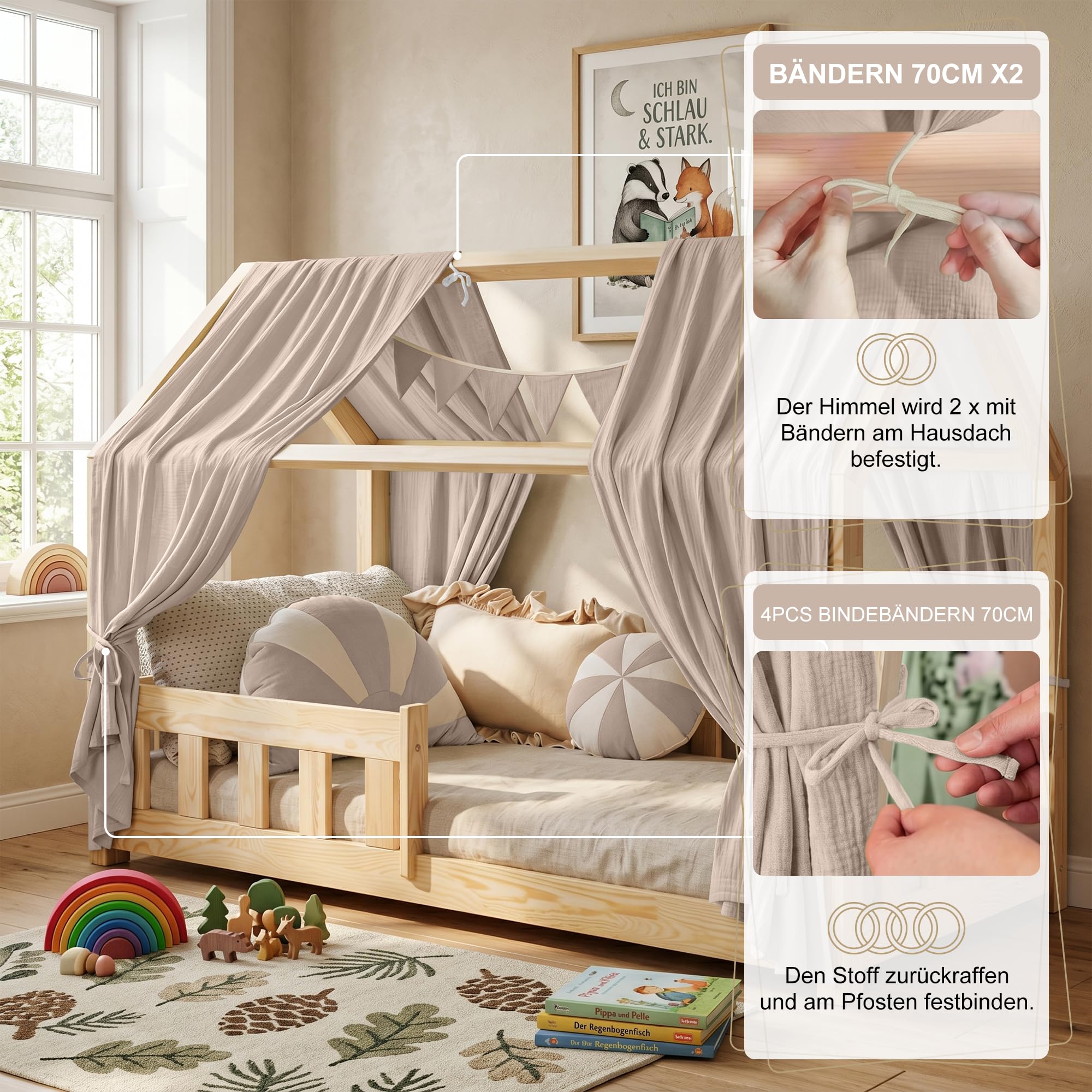 Hausbett Himmel Kinder Betthimmel Kinderbett mit 3m Wimpelkette, Hellgrau | Betthimmel Hausbett aus 100% Baumwolle Musselin - Stoffhimmel für Hausbett Deko Mädchen & Jungen - Himmel für Hausbett Kinder