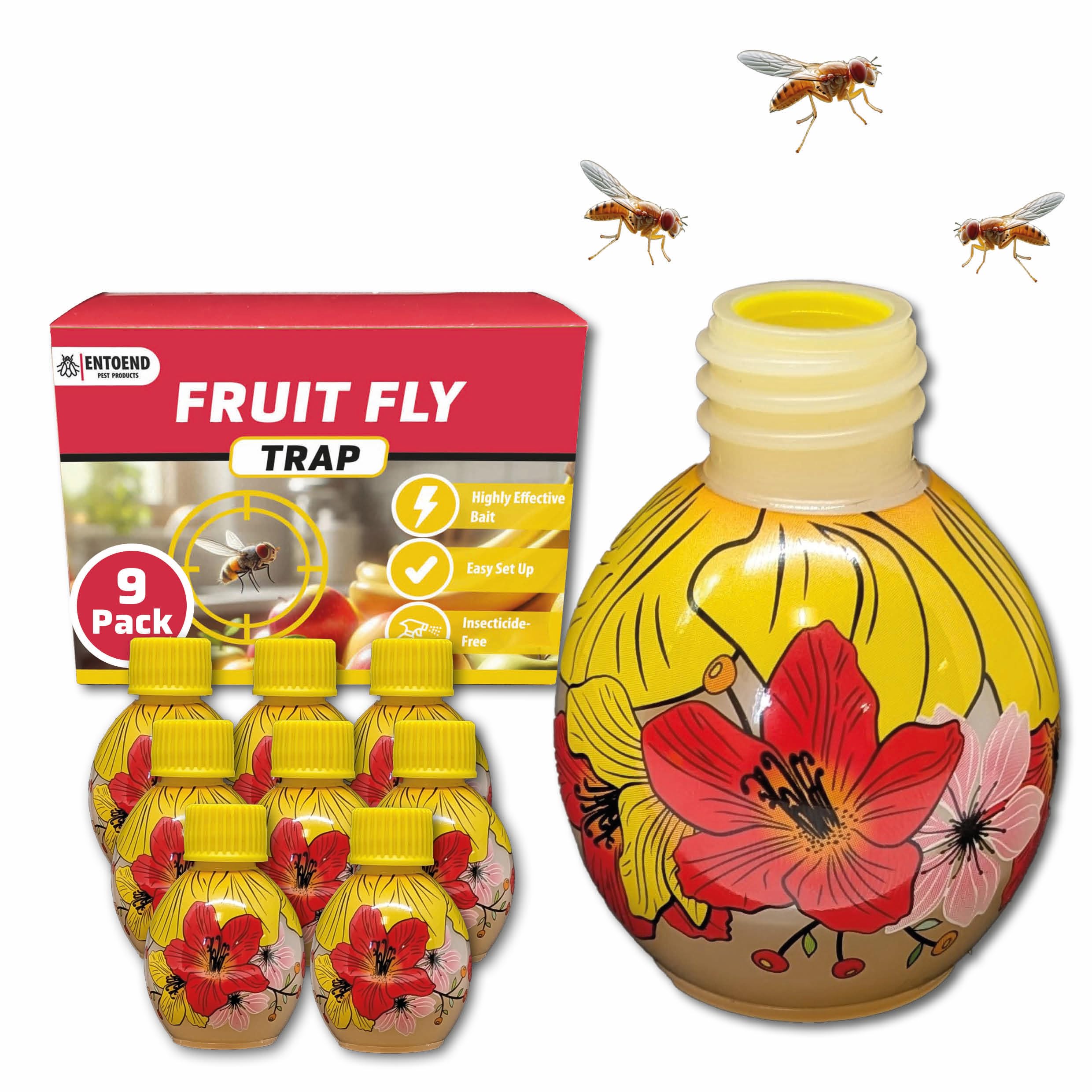 ENTOEND Fruit Fly Trap - 9 Traps, up to 6 Months' Supply | Ultimate Indoor Fruit Fly Killer for the House and Kitchen | New & Improved, Easy to Use Pre-Baited Bottles | Safe Around Fruits and Food