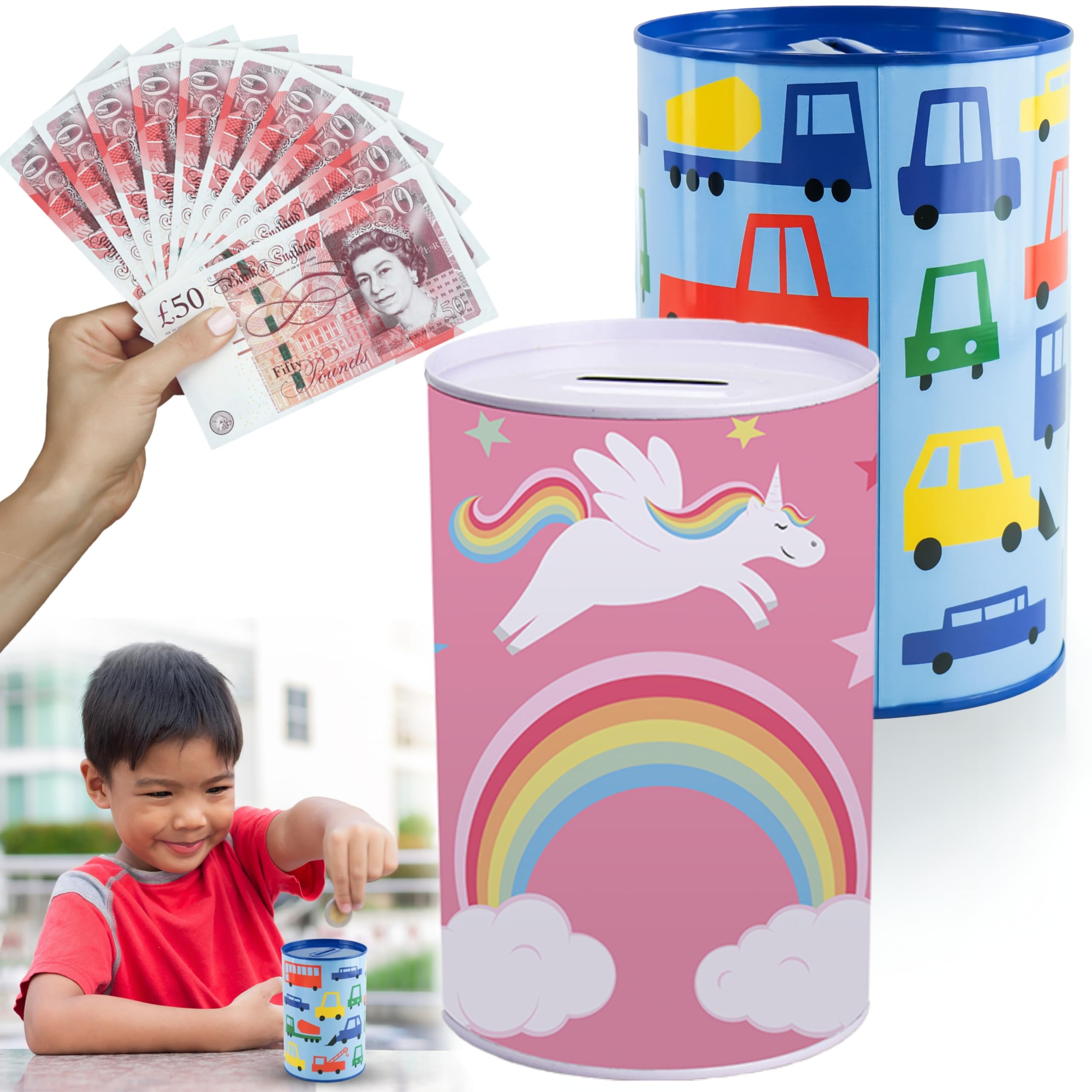 2 Pack Metal Money Tins Unicorn & Truck Design, Durable Coin and Cash Saving Boxes, Break Open Tin Piggy Banks for Kids Charity Funds Summer Savings
