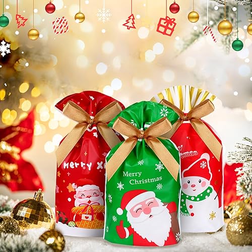 Miniatura 3 de 108 bolsas de dulces de Navidad a granel, bolsas de regalo de Navidad con cordón de regalo, bolsas de plástico para regalo de Navidad, bolsas de