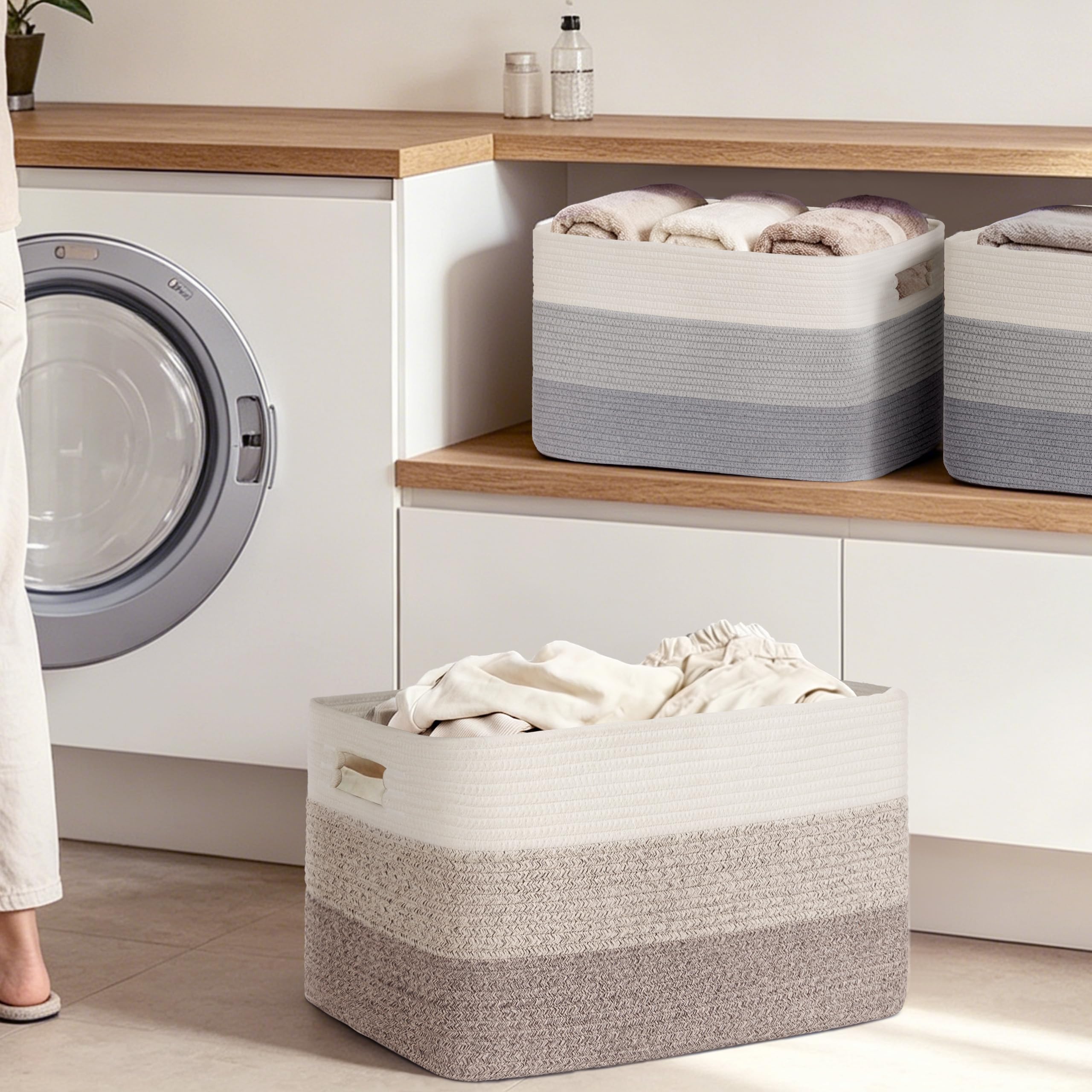 Grande Contenitore 86L in corda di cotone, cesto per giocattoli, coperte, vestiti, cesto per biancheria intrecciato con maniglie, per arredo camera bambini o soggiorno, sfumatura marrone