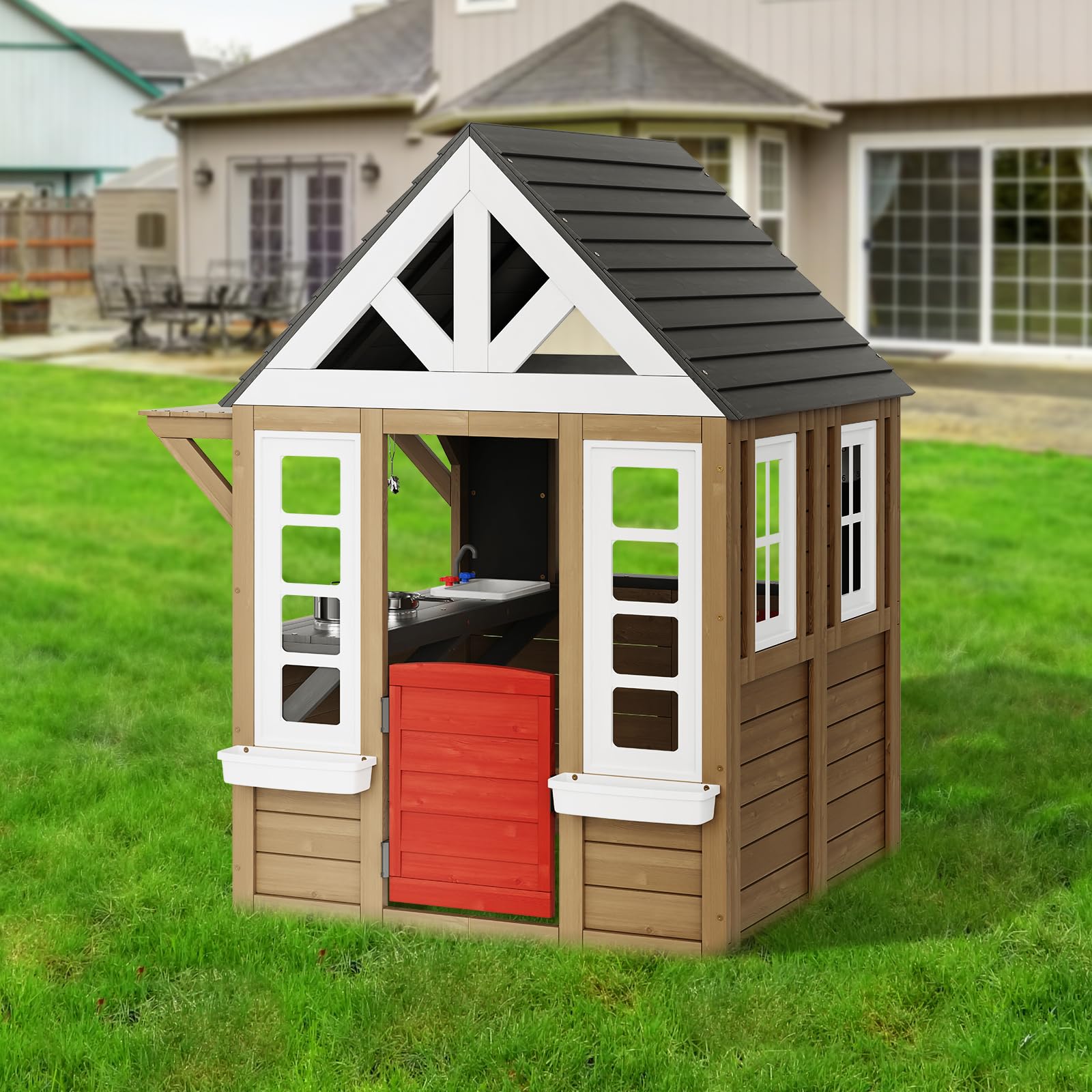 VEVOR Holzspielhaus Kinderspielhaus, Gartenhaus für Kinder ab 2 Jahren, Gartenspiele-Hütte, Spielhaus aus Zedernholz im Landhausstil mit Tür, Fenster, Blumentopfhalter, Grill, Herd und Spüle