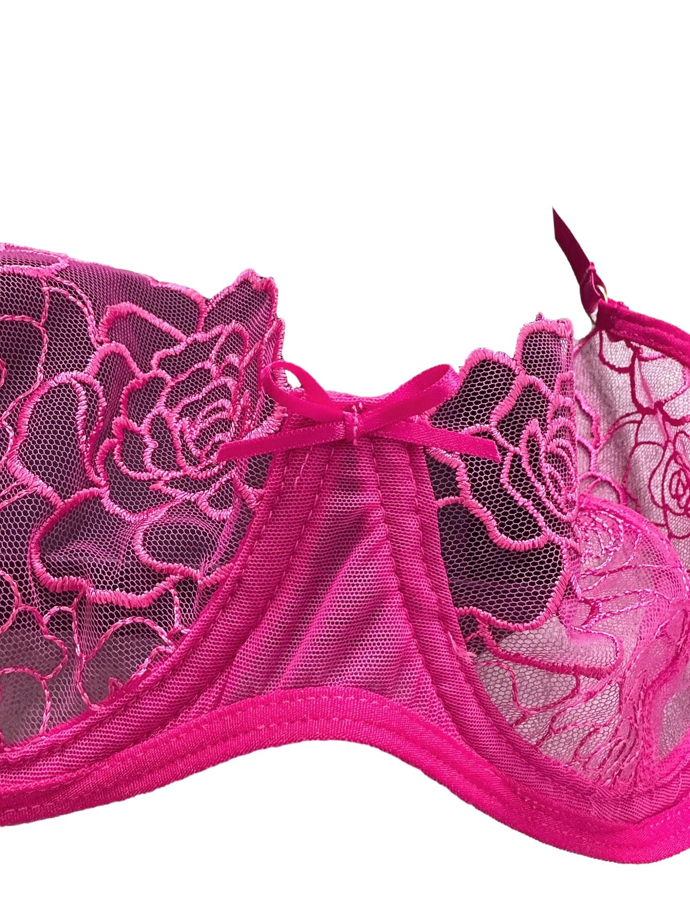 Lilosy Sexy Satin Mesh Floral Sheer Embroidered Underwire Lingerie Set 2 Piece Women Push Up See Through Matching Bra Panty Print Royal Blue Medium: Flower X-Large Solid Hot Pink