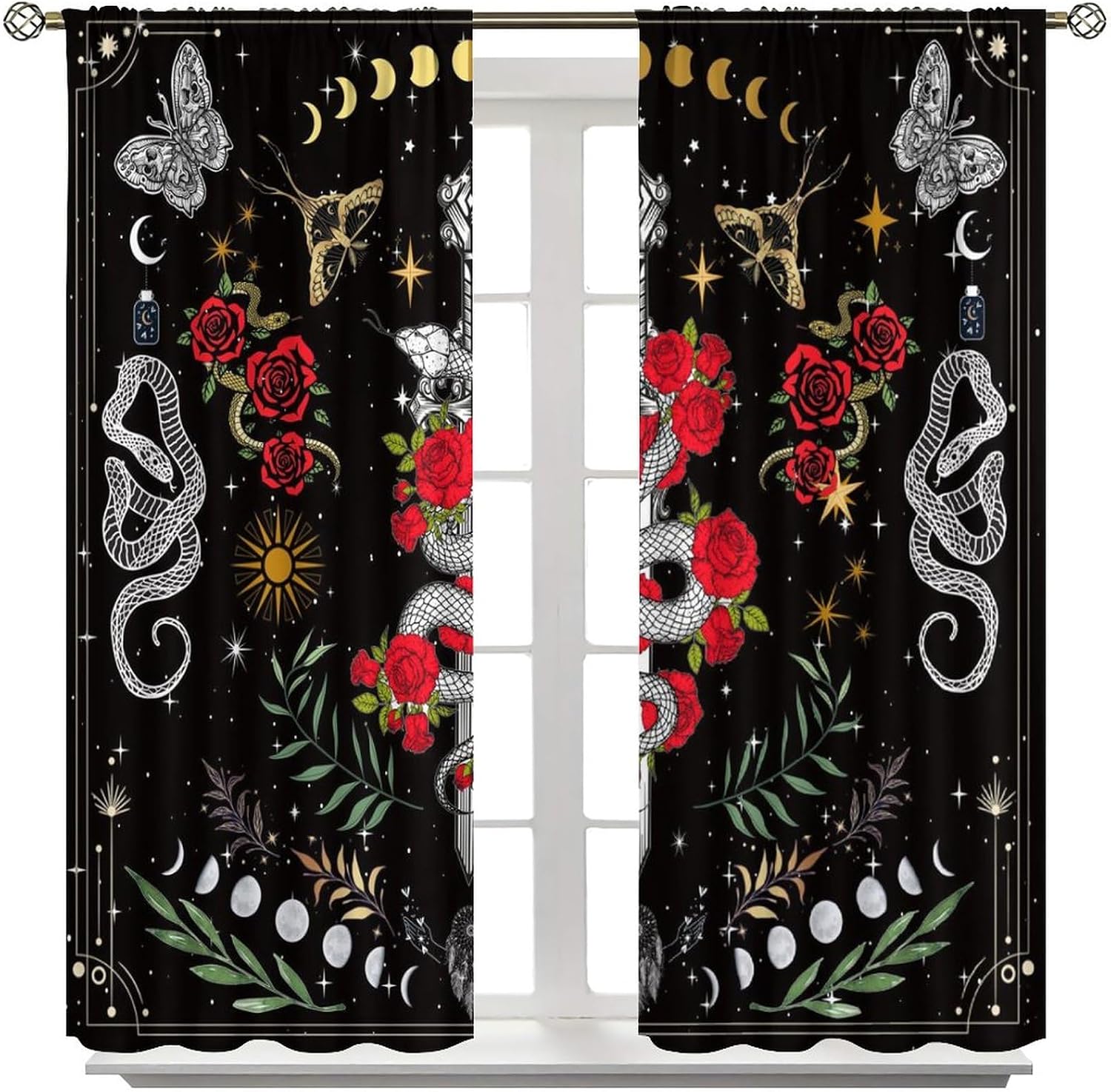 Watercolor Floral Wildlife Snake Curtains for Living Room, Boho Modern Aesthetic Constellation Rose Flower Snake Rod Pocket Thermal Insulated,Window Curtains 2 Panels 63" L x 31.5" W