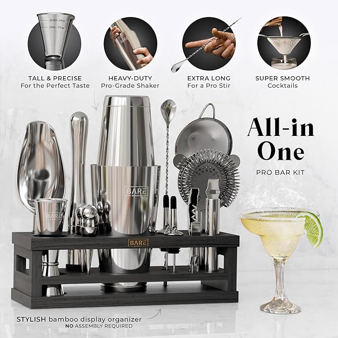 BARE BARREL® Mixology Bartender Kit Bar Set | 16-Piece Cocktail Shaker Set | Martini Barware Mixing Tools for Home Bartending | Incl. 35 Recipe Cards | Gift Set (28oz Boston Shaker, Silver/Black)