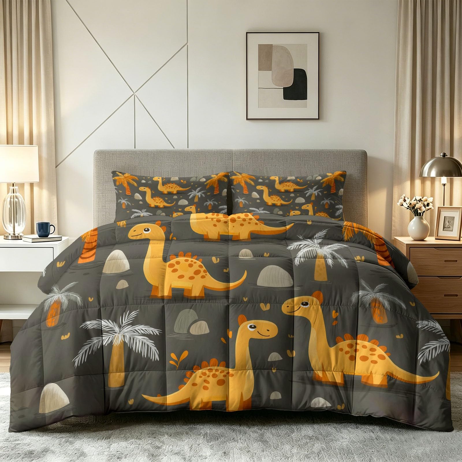 Urocza kołdra z kreskówki, 135 x 200 cm, na 4 pory roku, dwustronna, motyw skał, palm, motyw dinozaurów, palm, przyjazna dla skóry, miękka kołdra całoroczna z 2 poszewkami na poduszki 80 x 80 cm