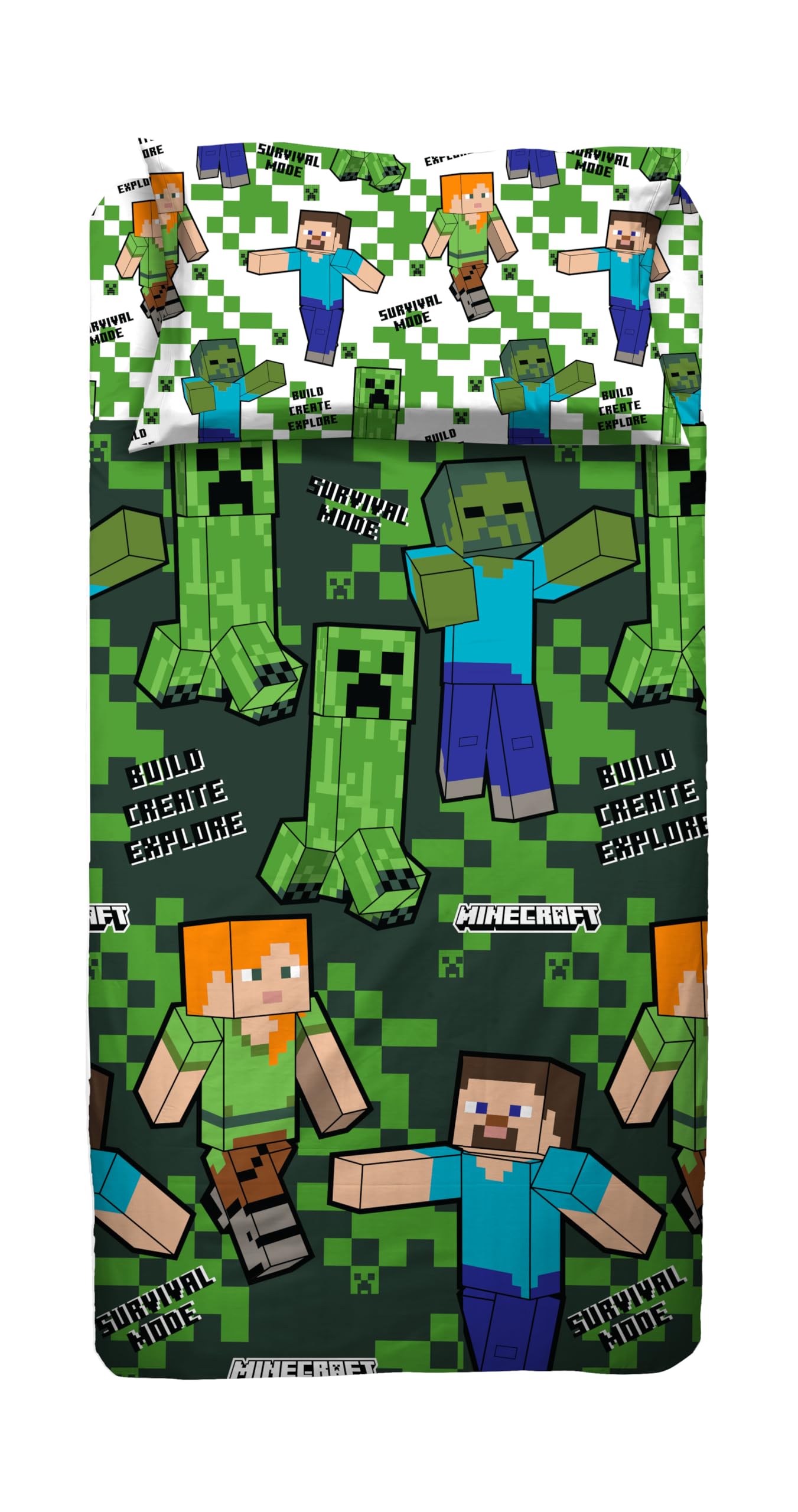Set Lenzuolo Letto Singolo, Completo Letto Singolo Minecraft, Lenzuolo Sopra, Lenzuolo Con Angoli, Federa, Verde, 100% Cotone, Prodotto Ufficiale