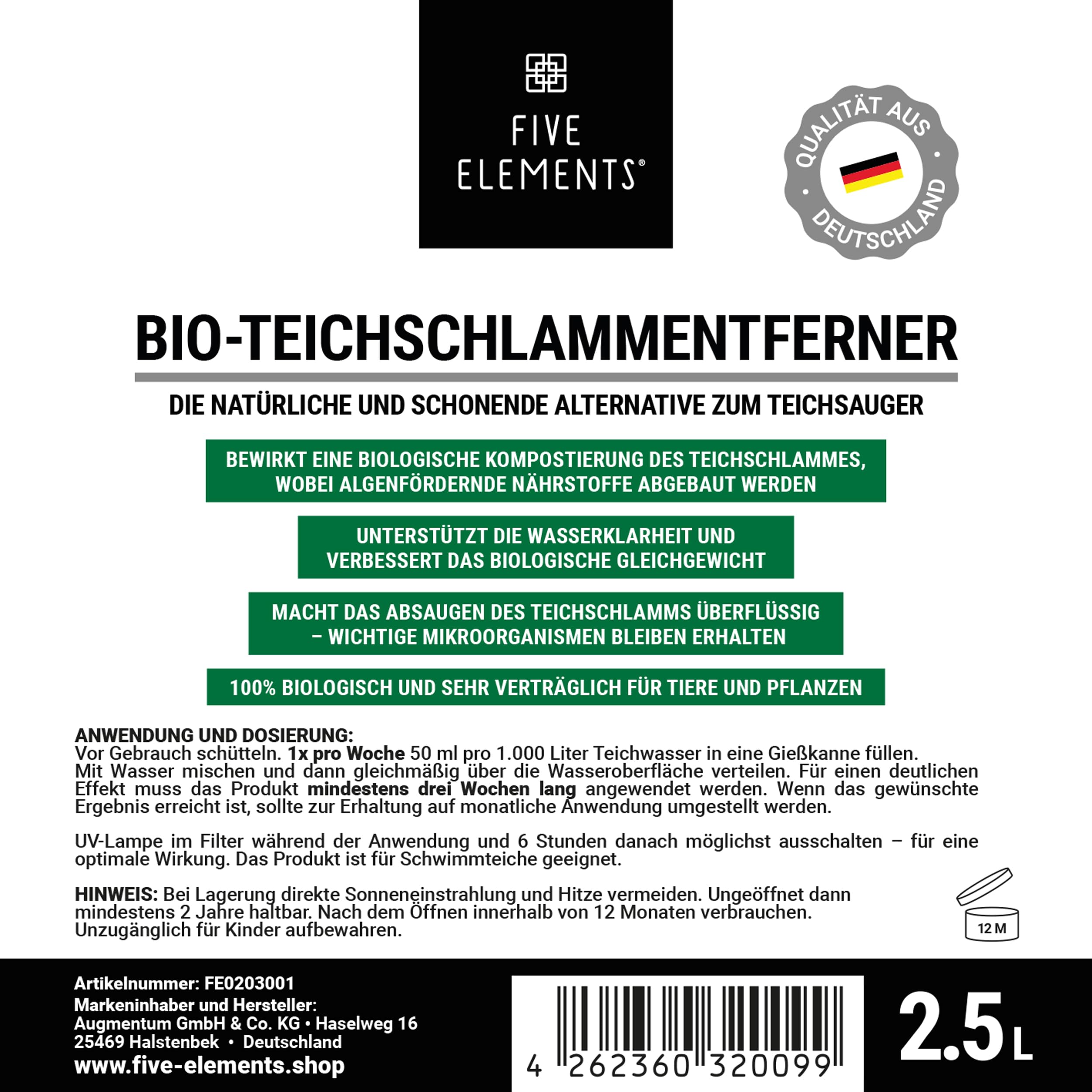 FIVE ELEMENTS Bio-Teichschlammentferner | 2,5 L | ideal für Frühjahr | 2026: Verbesserte Wirkung | Teichwasser-Klärung | flüssig