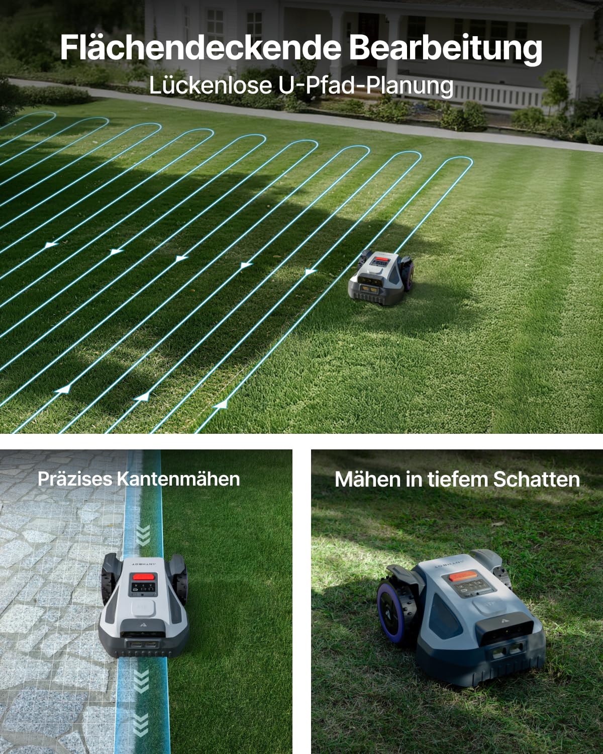 ANTHBOT M5 Mähroboter ohne Begrenzungskabel, Neuer Genie mit NRTK-Navigation & Dual-Vision, bis 500 m² (max. 700 m²), Schnitthöhe per App, KI-Hindernisvermeidung, Rasenroboter mit 45% Steigung
